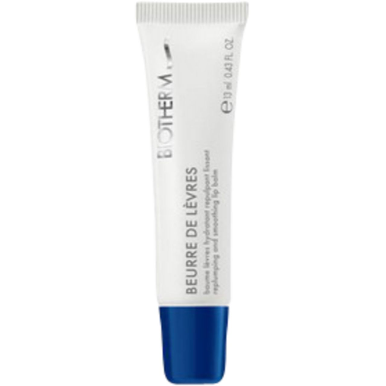 BIOTHERM Lippenbalsam-Tube. Weiß, mit blauem Deckel. Produktbezeichnung und Marke sind sichtbar.