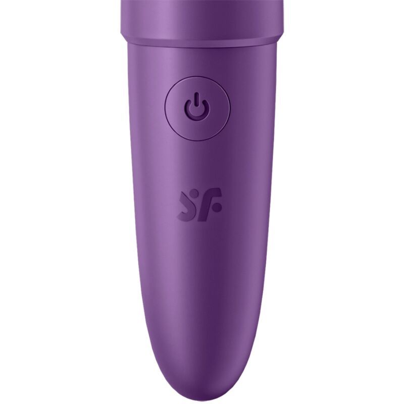 Lila Vibrator. Oben: Ein-Aus-Taste. Unten: Logo. Glatte Oberfläche. Zylindrische Form mit abgerundeter Spitze.