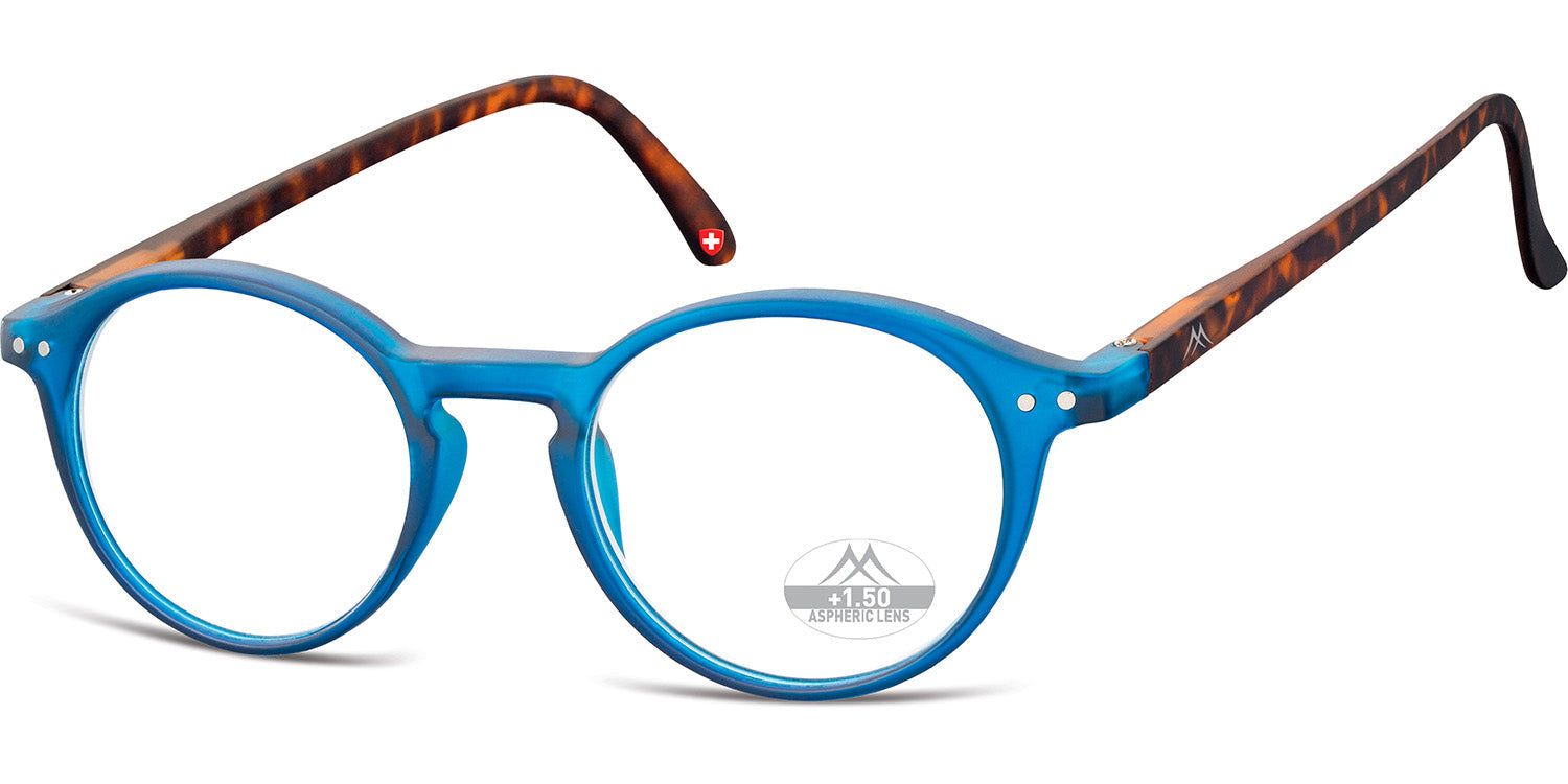 Blaue Brille mit runden Gläsern und braunen Bügeln. Schweizer Kreuz am Bügel. Montana Eyewear Logo auf dem Glas.