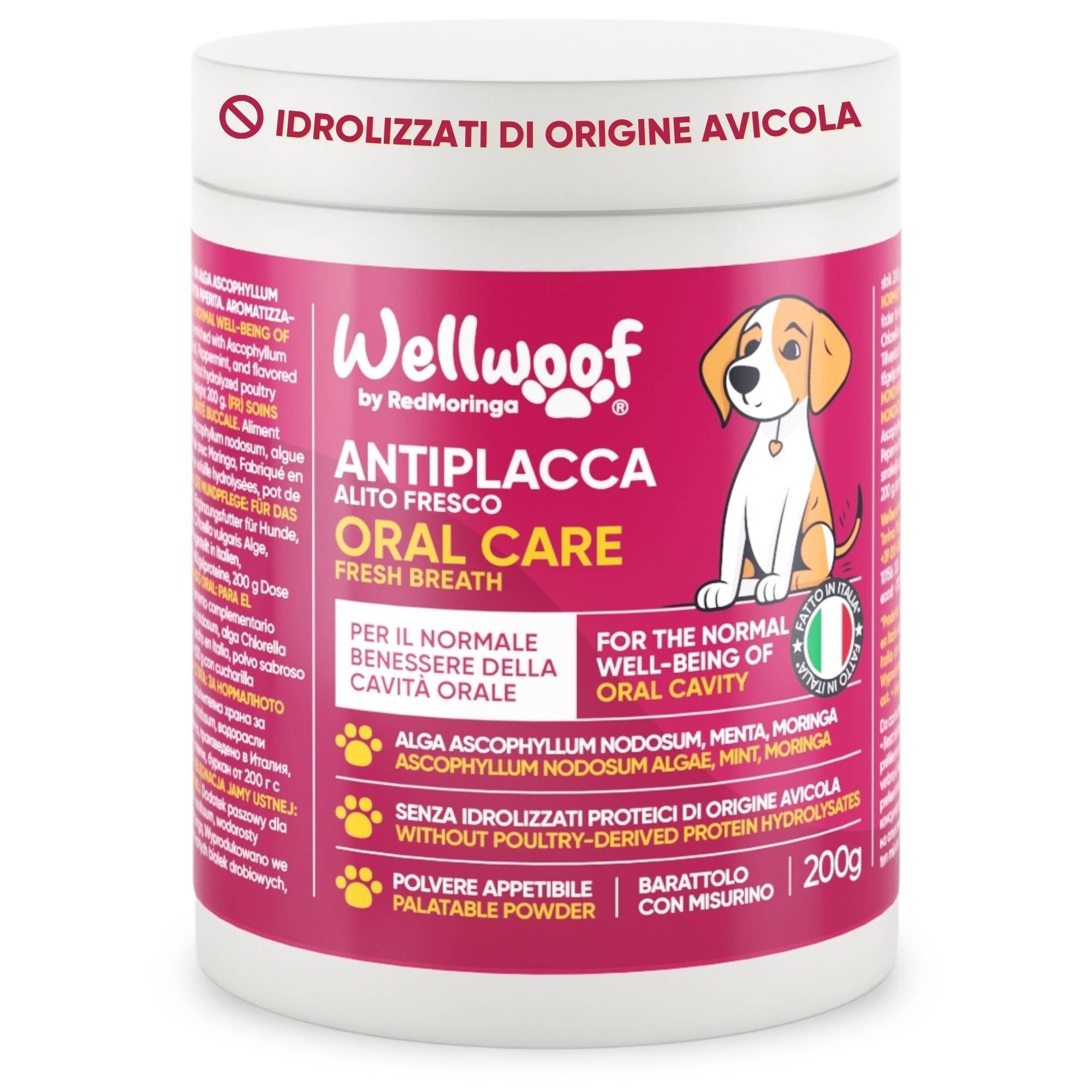 Produkt: WellWoof Oral Care. Dose mit Text: Antiplaque, frischer Atem. Enthält Algen, Minze. 200g. Ohne Geflügelproteine.