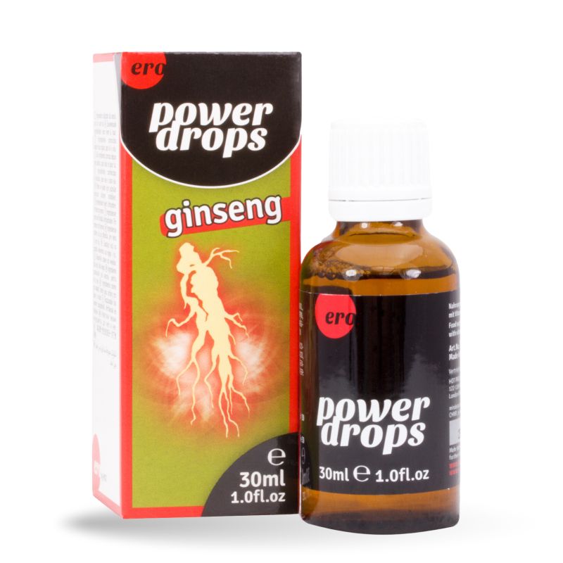 Produkt Ginseng Power Drops und Verpackung. Aufschrift: Power Drops, Ginseng, 30ml, 1.0fl.oz. Abbildung einer Ginseng-Wurzel. Marke: ero.