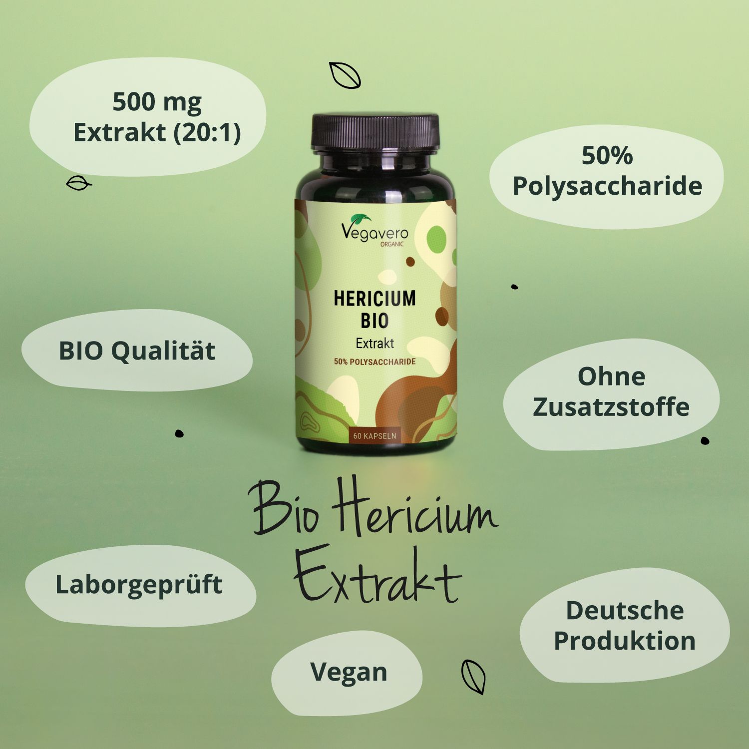 Produktabbildung: Flasche mit Hericium Bio Extrakt Kapseln. Zusätzliche Informationen: Bio-Qualität, vegan, ohne Zusatzstoffe.