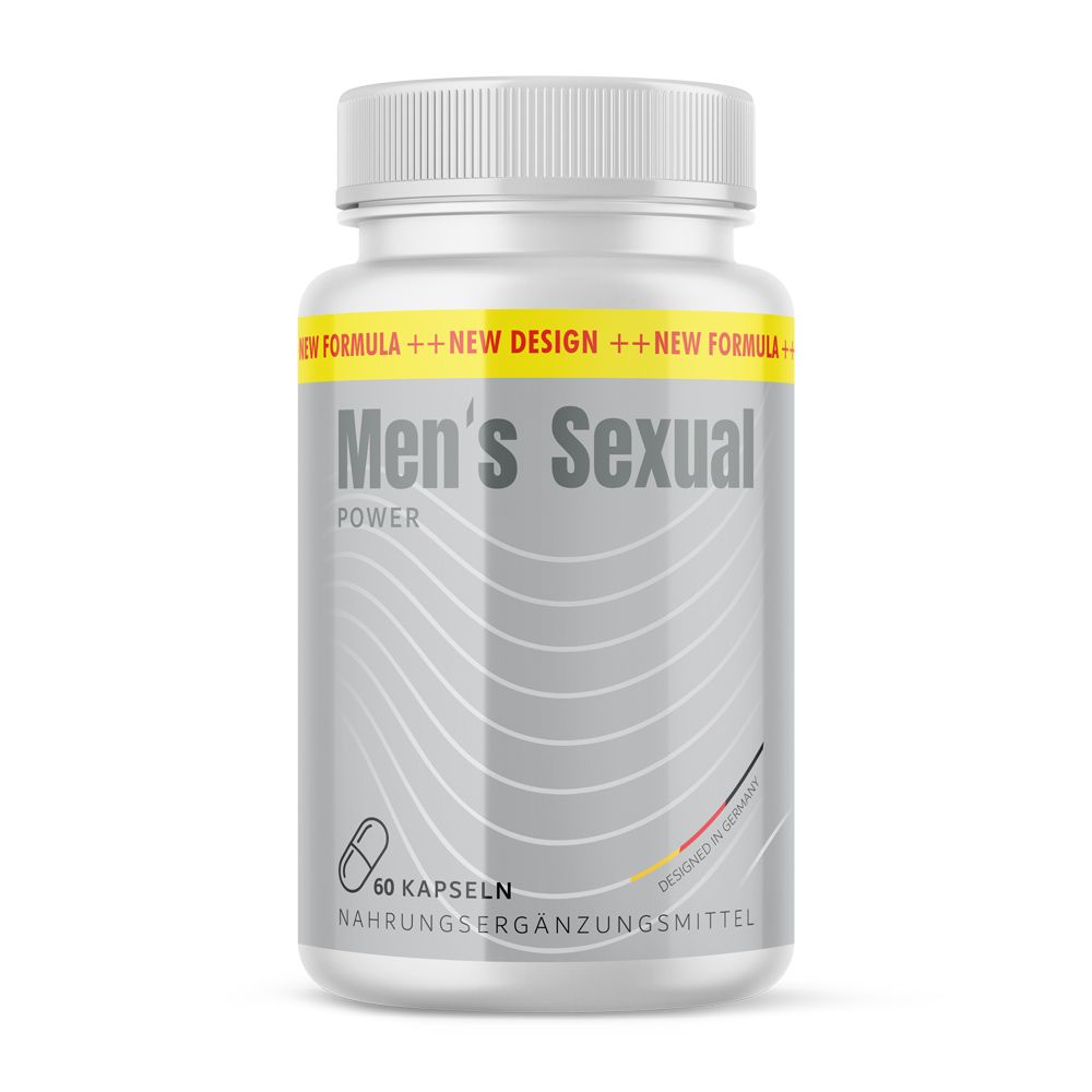 Weiße Kapsel-Dose mit gelbem Aufkleber. Aufschrift: Men's Sexual Power. 60 Kapseln. Nahrungsergänzungsmittel.