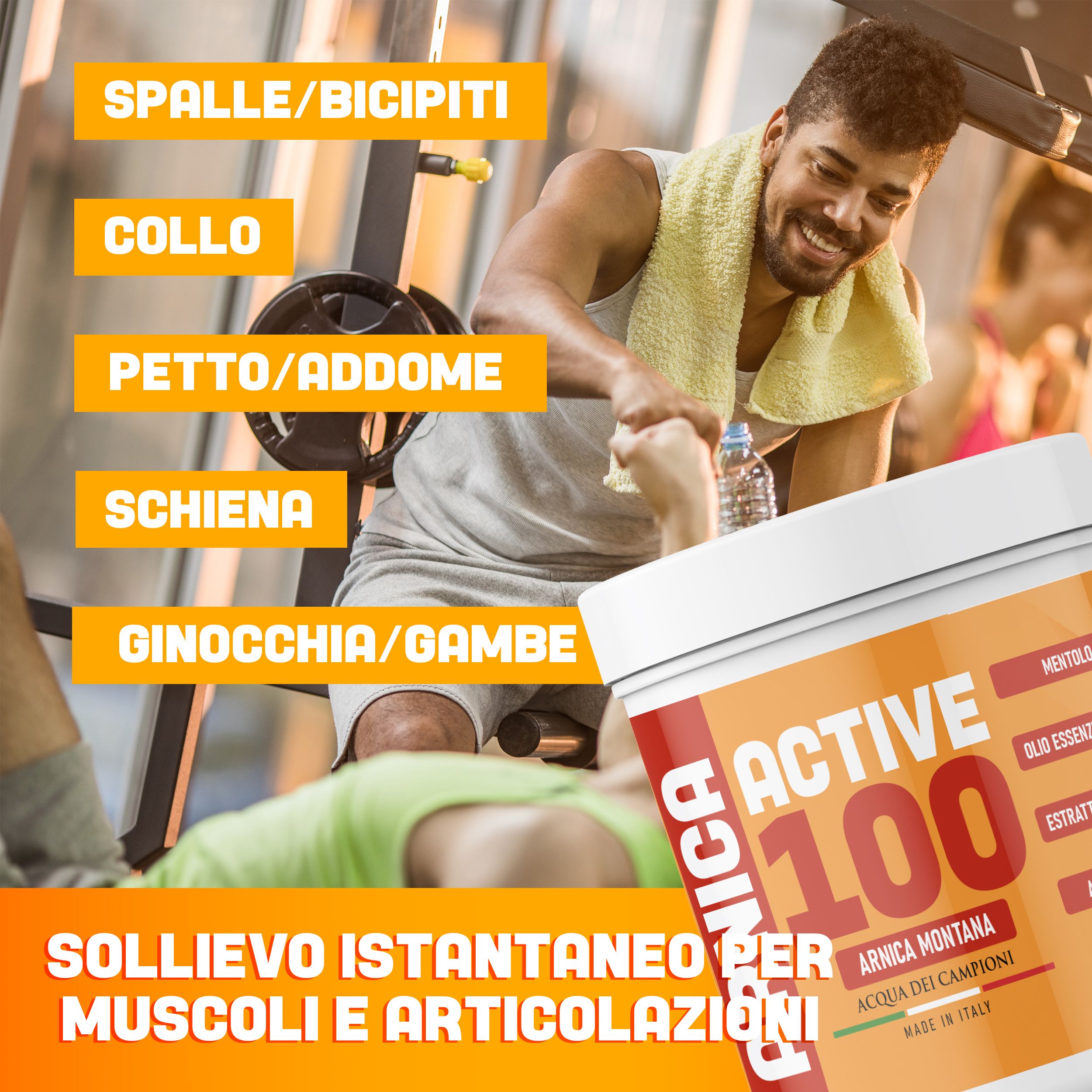 Behälter mit Aufschrift "Arnica Active 100". Text: "Sofortige Linderung für Muskeln und Gelenke". Mann im Fitnessstudio.