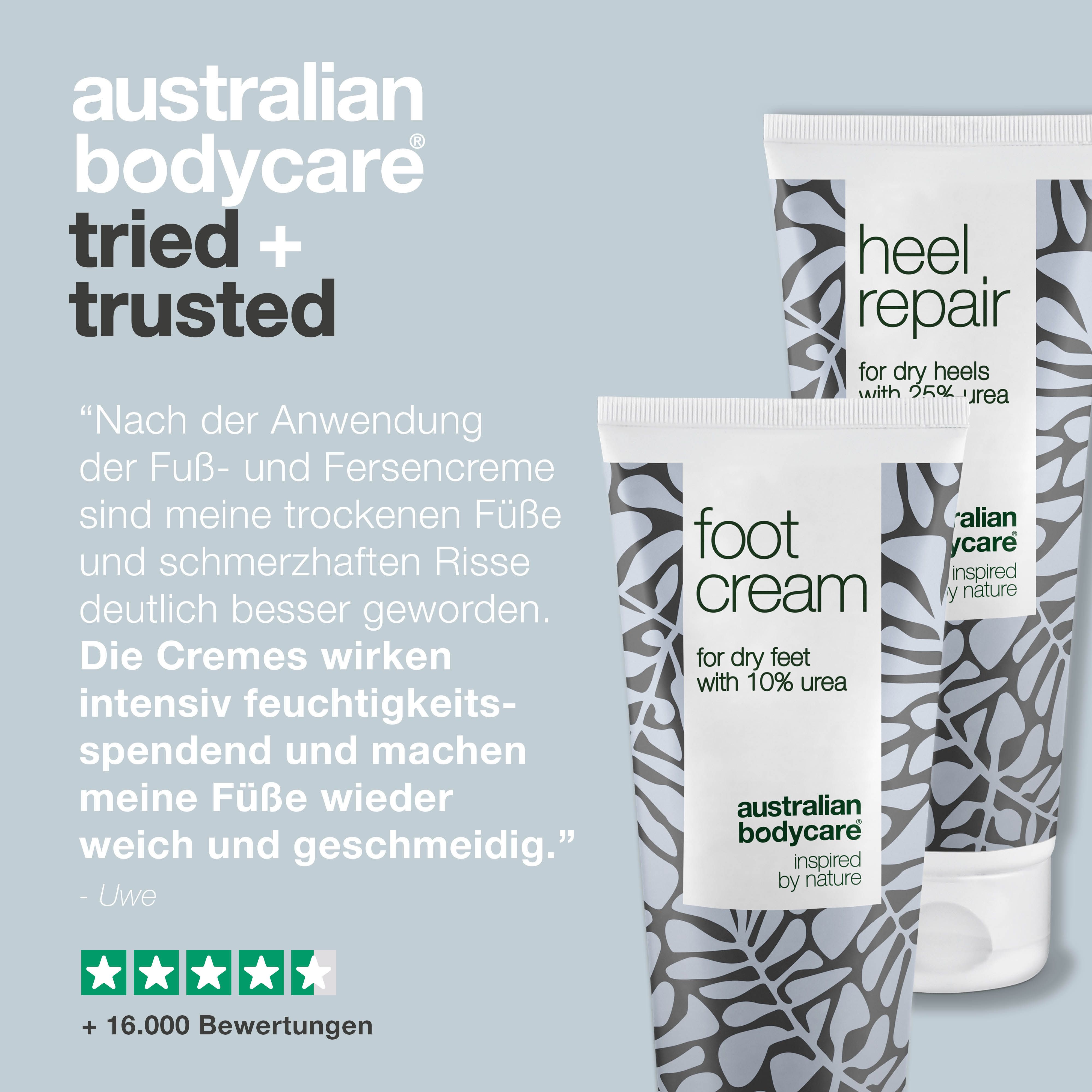 Zwei Tuben Fußcreme und Fersenreparatur. Text: Getestet und von Dermatologen bestätigt, sanft zur Fußpflege.