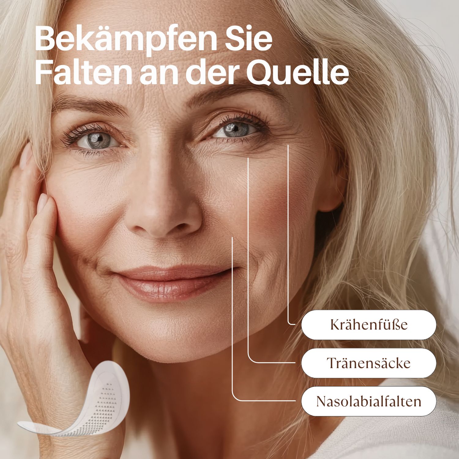 Frau mit Gesicht, zeigt Falten. Text: Krähenfüße, Tränensäcke, Nasolabialfalten. Augenpad.