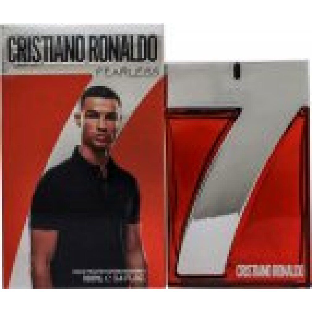 Cristiano Ronaldo Fearless Eau de Toilette Set: Flakon und Verpackung mit Cristiano Ronaldo Porträt.