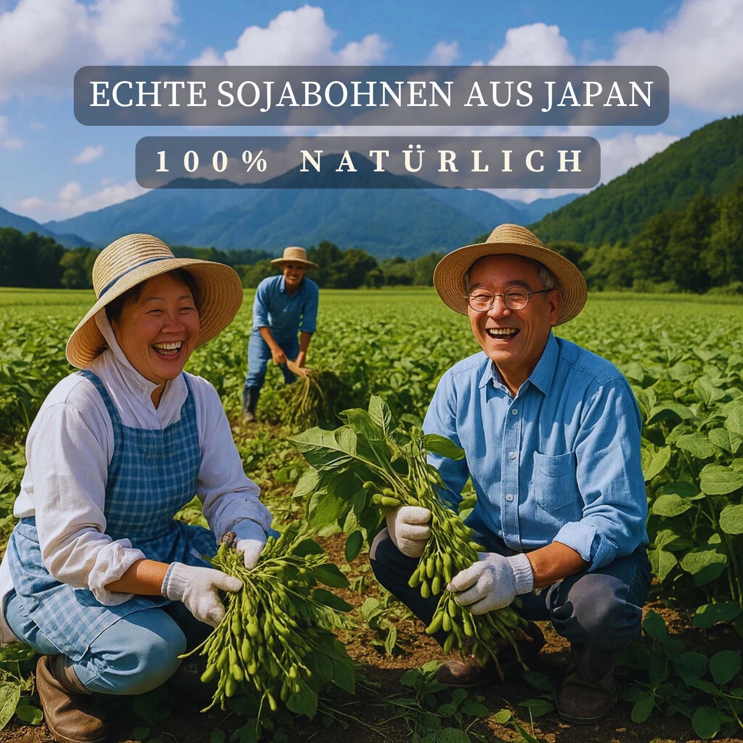 Lachende asiatische Bauern auf einem Feld mit Sojabohnen, Text: Echte Sojabohnen aus Japan, 100% Natürlich.