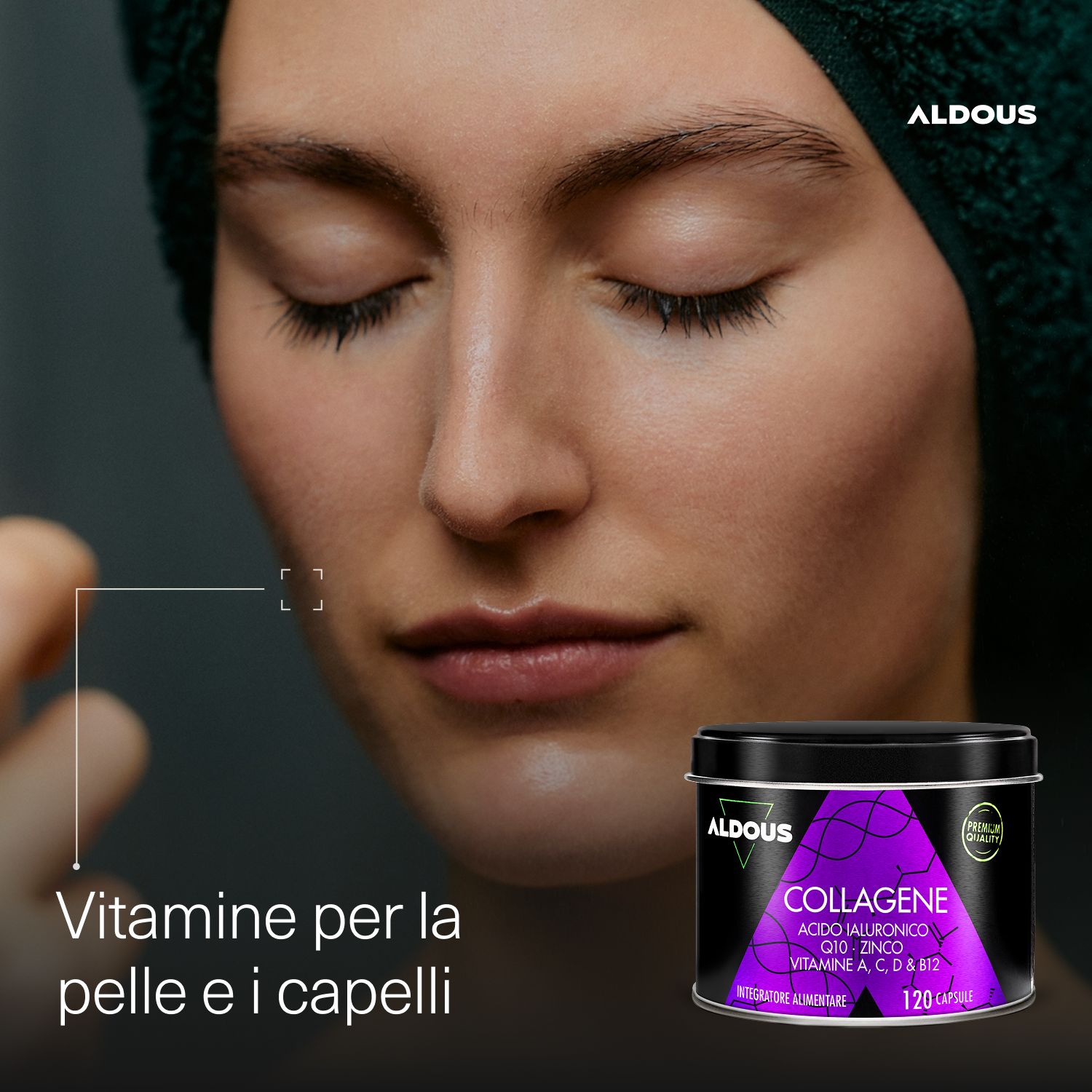 Frau mit Handtuch. Dose Aldous Collagene. Text: Vitamine für Haut und Haare. Enthält 120 Kapseln.