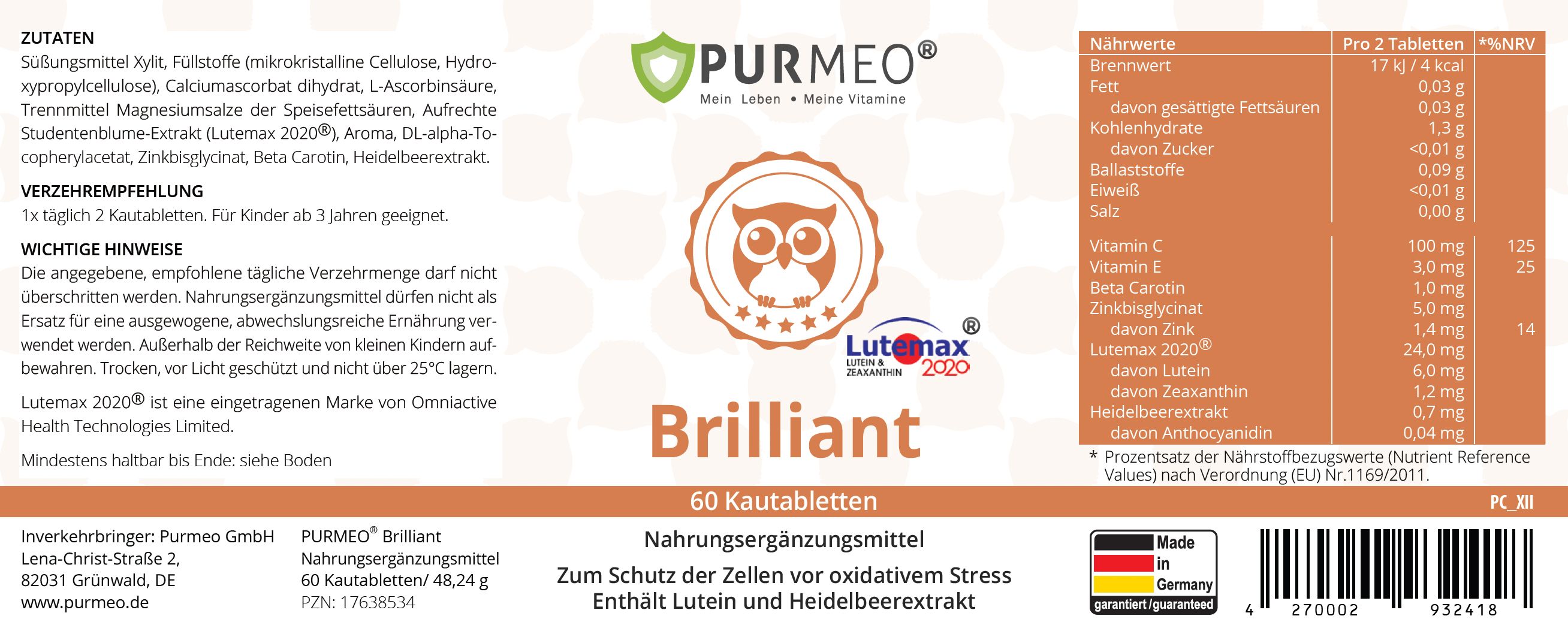 Etikett mit Produktnamen "Brilliant" und 60 Kautabletten. Enthält Nährwertangaben, Logo PURMEO und "Made in Germany".