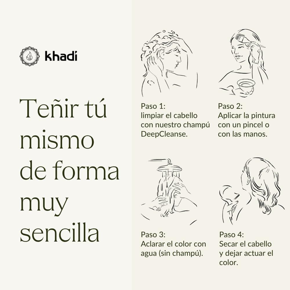 Illustration: Schritte zum Haarefärben. Text: Tiñir tú mismo de forma muy sencilla. 4 Schritte.