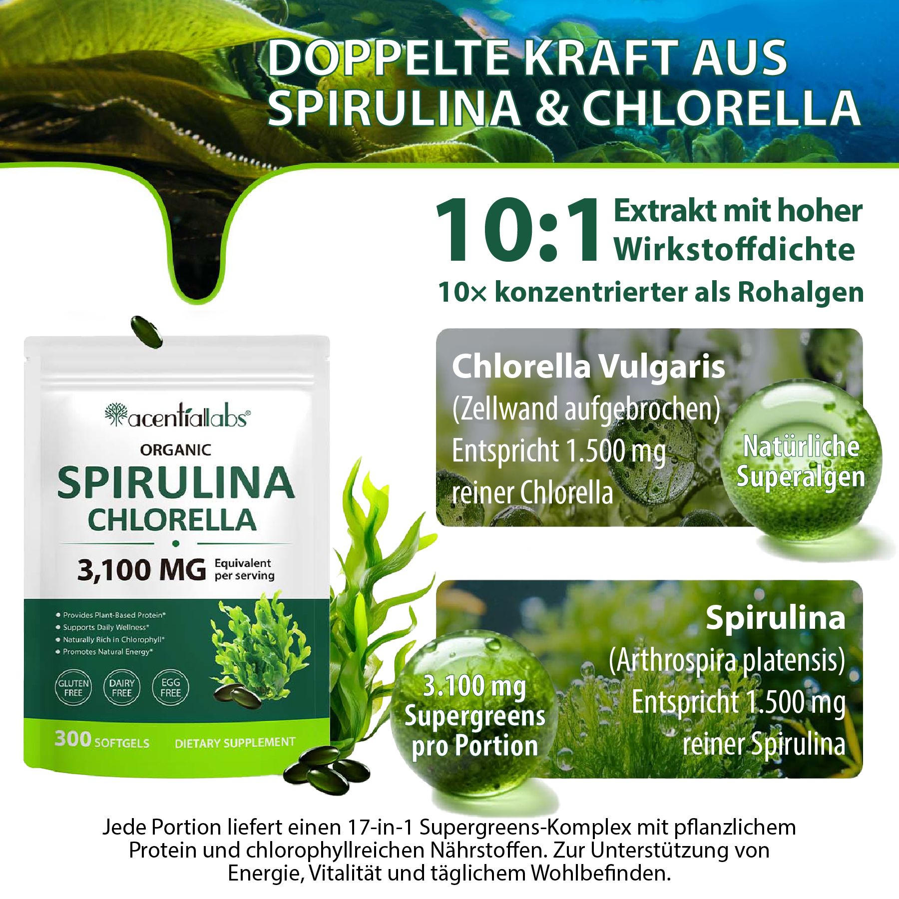 P-Beauty Spirulina Chlorella Softgels, 3100 mg, mit detaillierten Informationen zu Inhaltsstoffen und Extraktverhältnis.