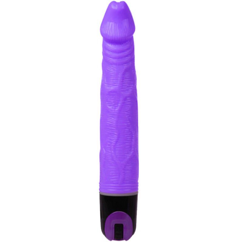 Lila Vibrator mit geriffelter Oberfläche und schwarzem Griff. Form eines Penis.