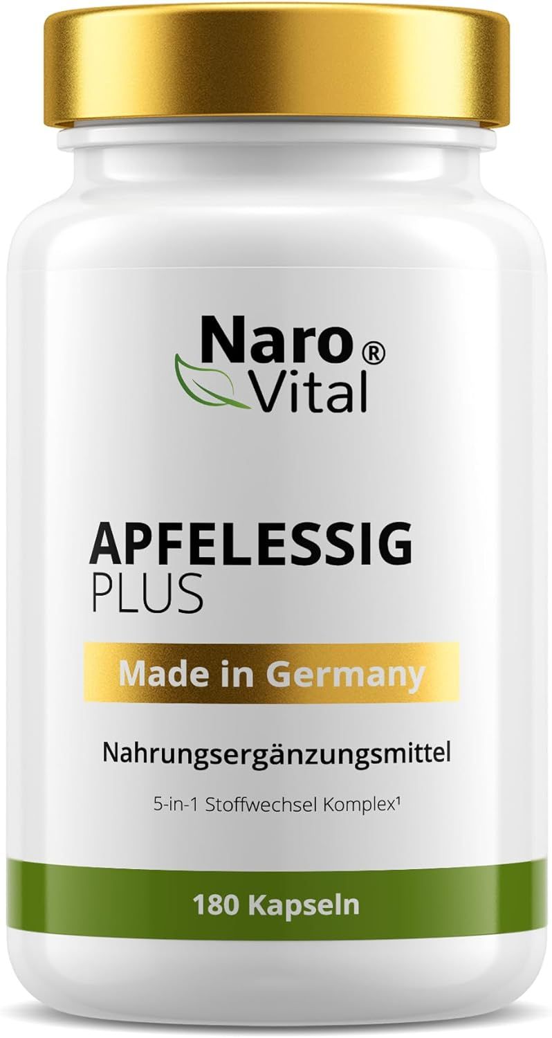 Weiße Flasche mit goldfarbenem Deckel. Aufschrift: Naro Vital, Apfelessig Plus, Made in Germany, 180 Kapseln.