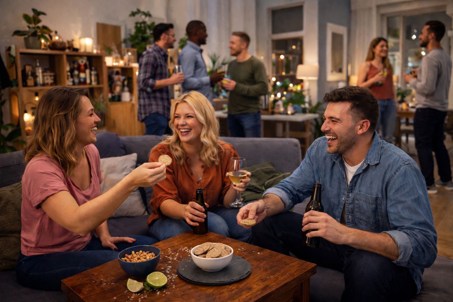 Mehrere Personen sitzen und stehen in einem Wohnzimmer. Auf einem Tisch stehen Chips in einer Schale. Einige Personen halten Chips.