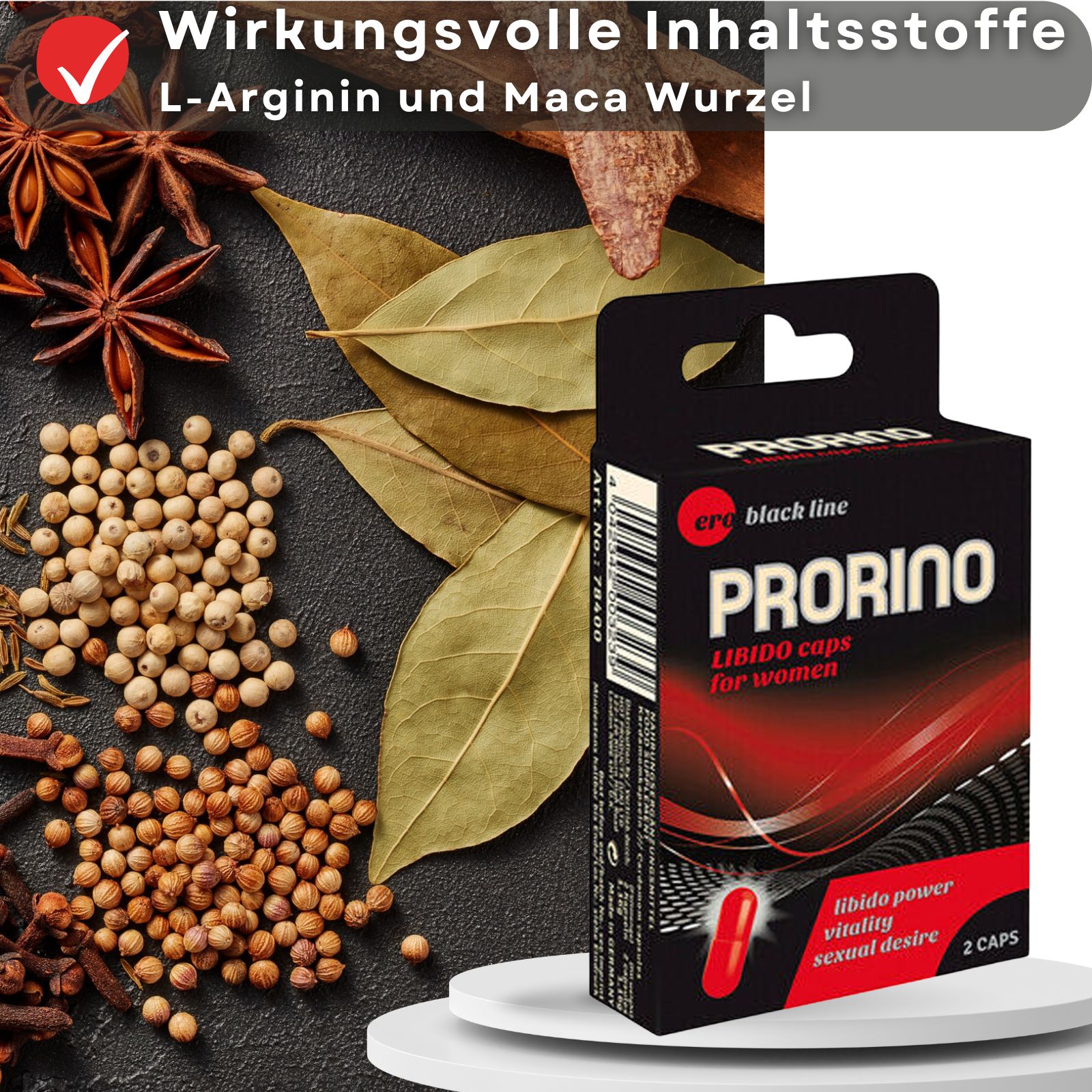 Verpackung "Prorino" mit roten Kapseln. Text: "Libido caps for women". Gewürze und Kräuter im Hintergrund.