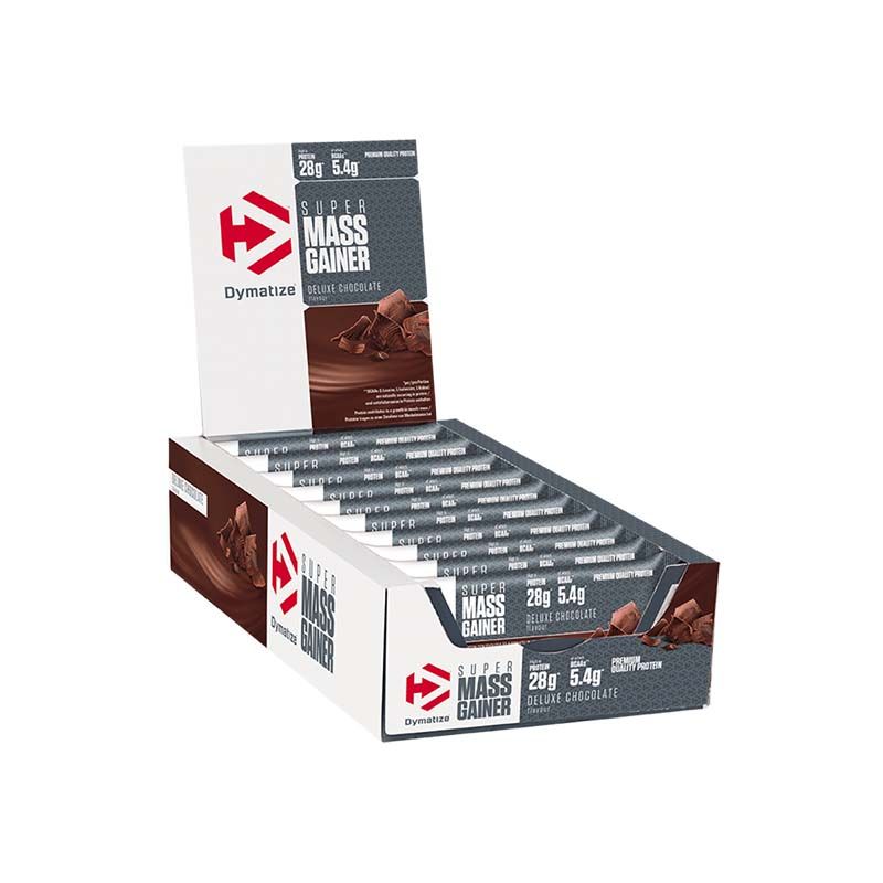 Dymatize Super Mass Gainer Riegel-Box. Enthält einzeln verpackte Riegel. Aufdruck: Super Mass Gainer, Deluxe Chocolate.