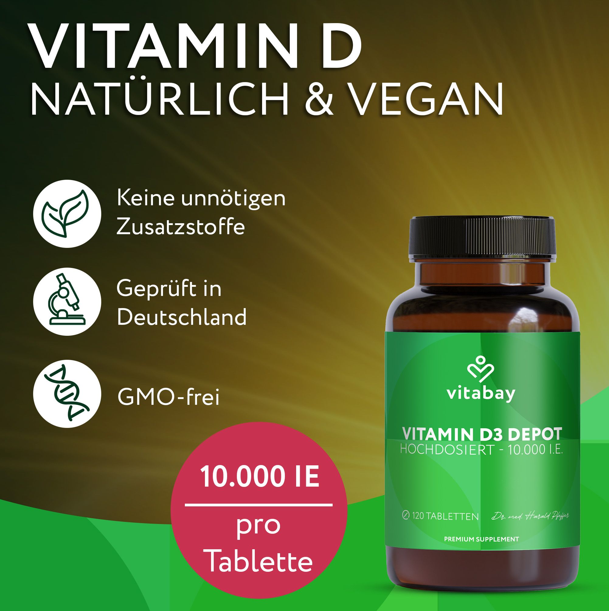 Vitabay Vitamin D3 Depot Hochdosiert, 10.000 IE pro Tablette, 120 Tabletten.