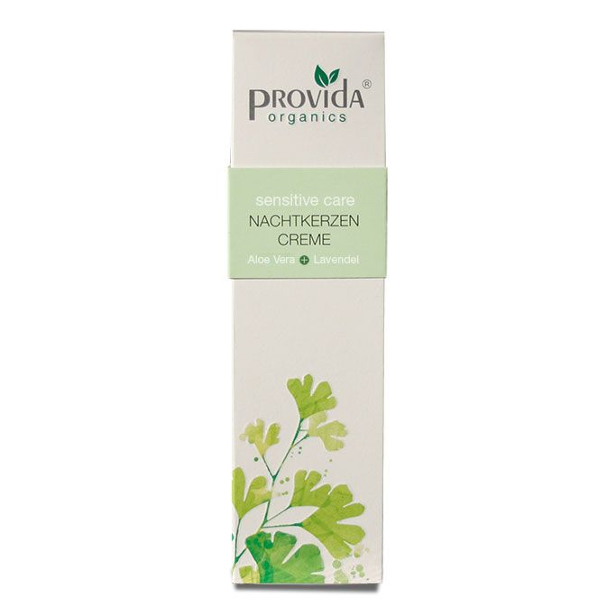 Kartonverpackung mit Produktinformationen. Oben steht "Provida organics". In der Mitte steht "sensitive care Nachtkerzen Creme".