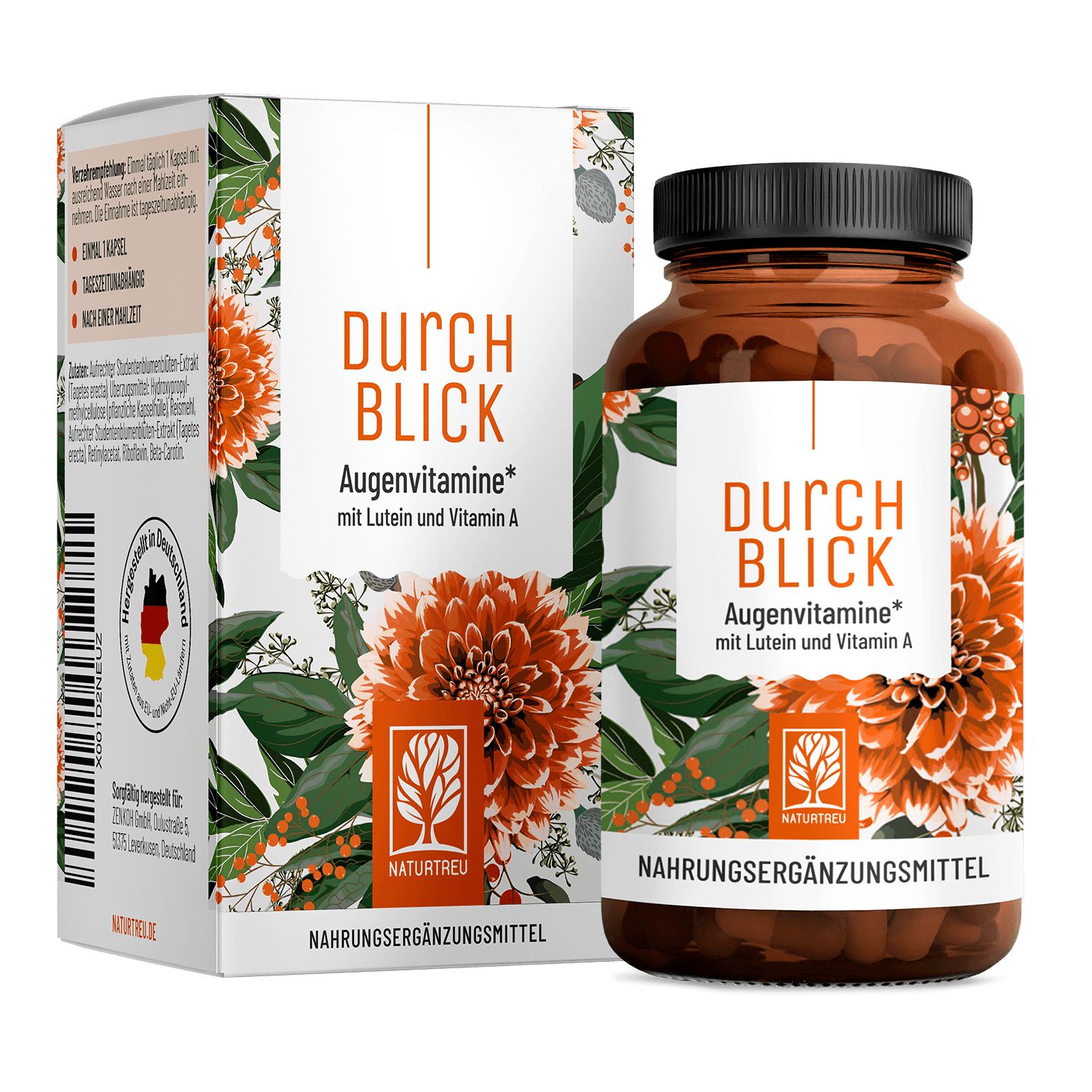 Augenvitamine von NATURTREU®: Flasche und Karton mit Blumenmuster. Enthält Lutein und Vitamin A.