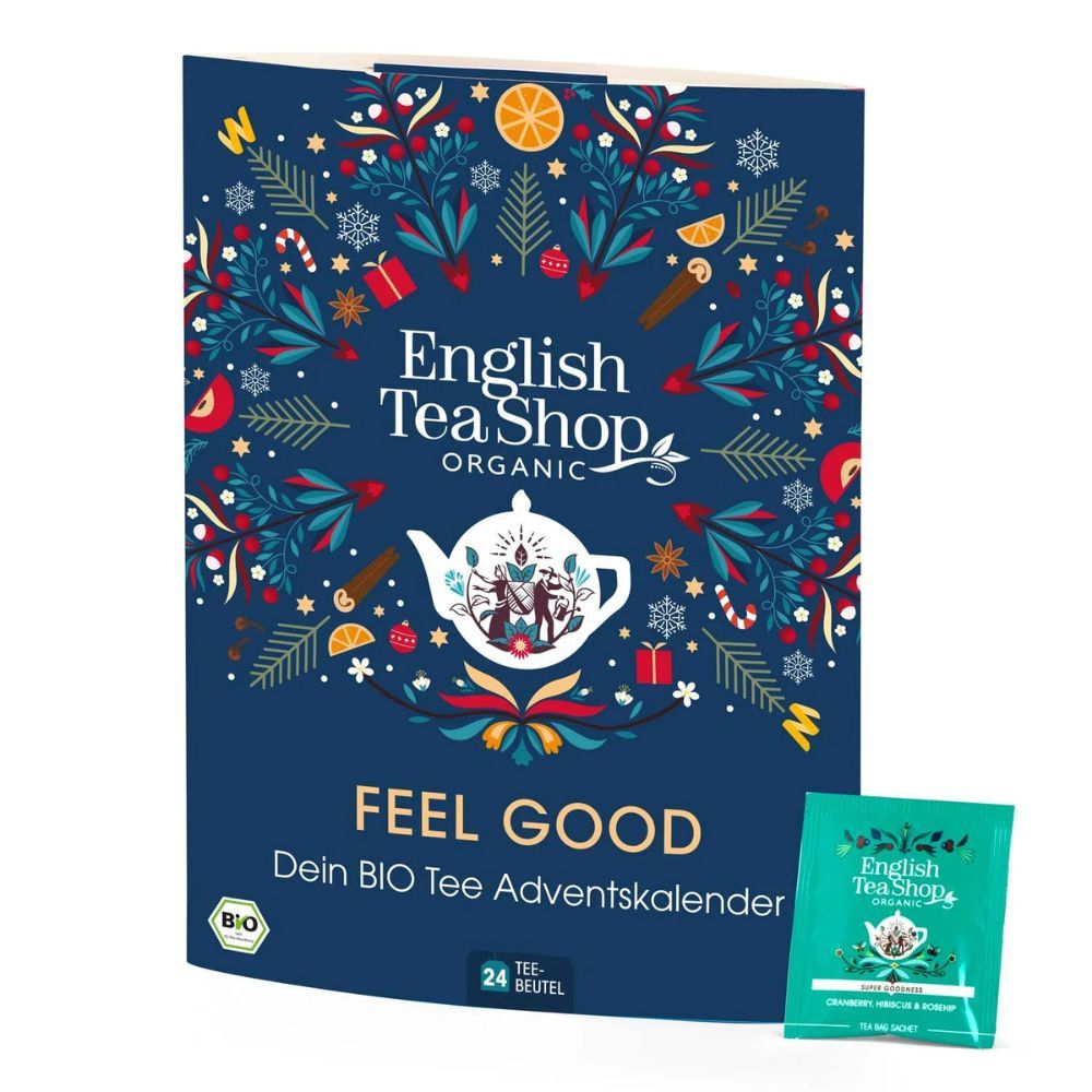 Adventskalender mit blauem Deckel. Logo von English Tea Shop. "Feel Good" und "24 Teebeutel" sind sichtbar. Bio-Siegel.