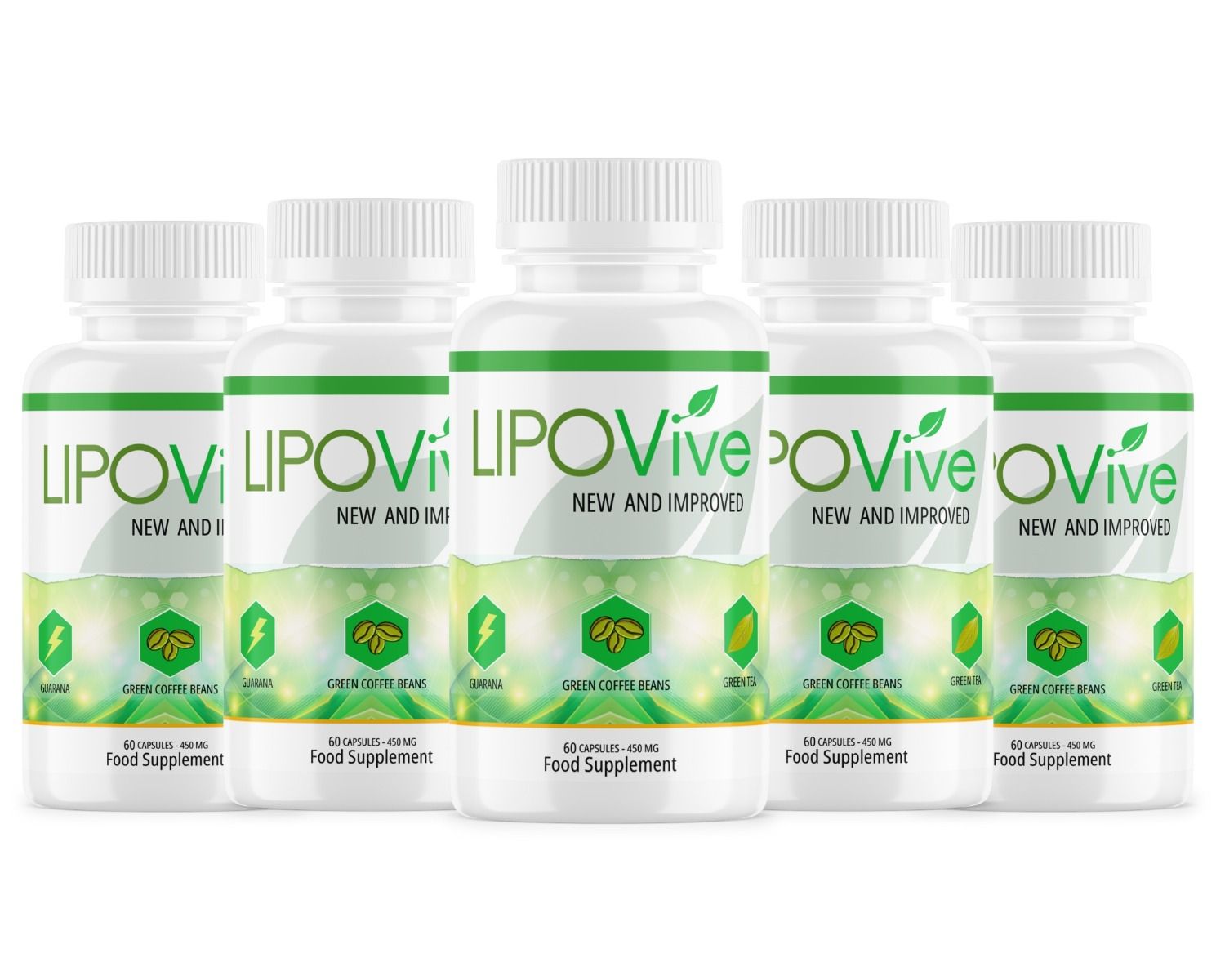 Fünf weiße Flaschen mit grünem Etikett. Aufschrift: LIPO Vive, NEW AND IMPROVED. Enthält 60 Kapseln. Symbole für Guarana, grüne Kaffeebohnen, Mate.