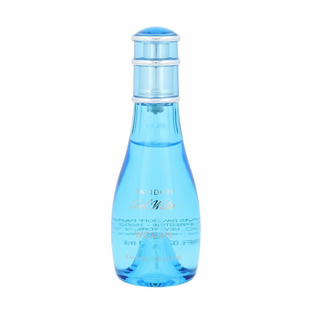 Hellblaue Flasche. Aufschrift: DAVIDOFF Cool Water WOMAN. Flasche mit Zerstäuber. Blaues Glas.