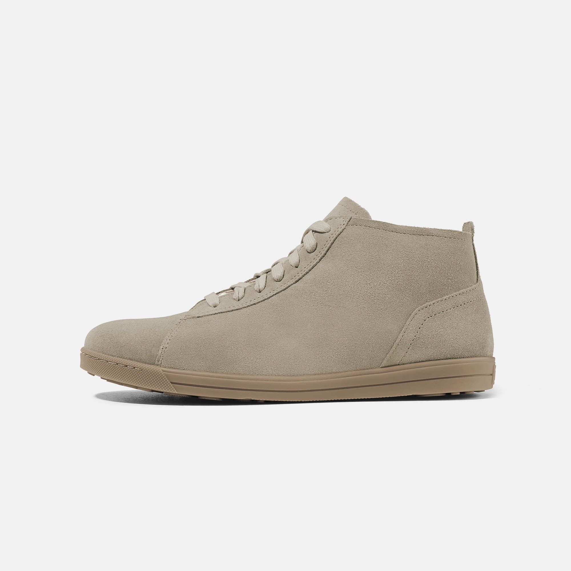 Graue Damen-Stiefelette aus Wildleder, Seitenansicht.