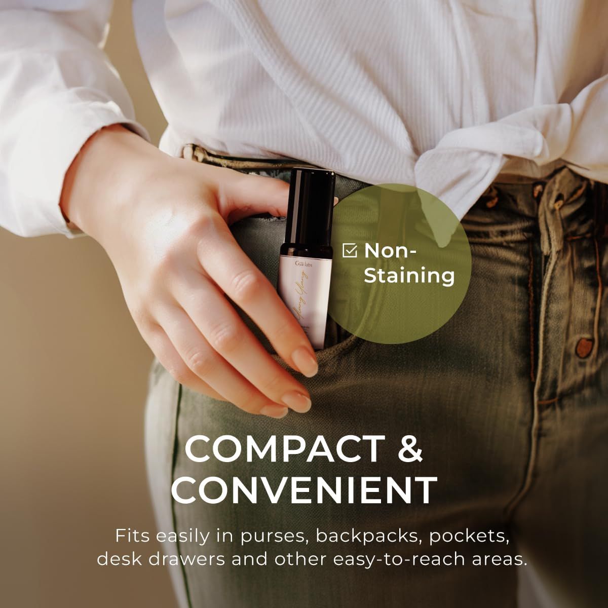 Roll-on in Hosentasche. Text: Kompakt & bequem. Nicht färbend.