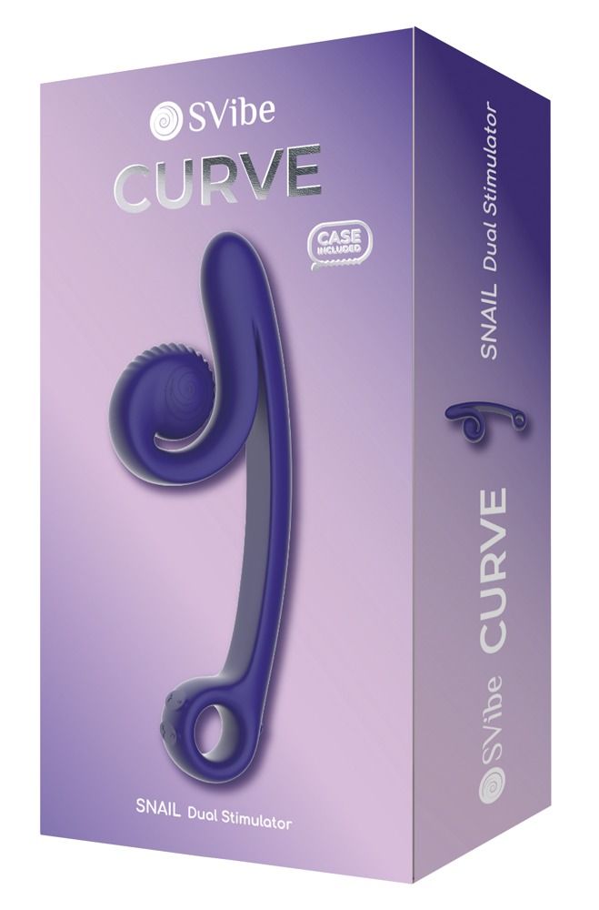 Verpackung von SVibe Curve. Lila Produktabbildung, Produktname, 'SNAIL Dual Stimulator' Text.