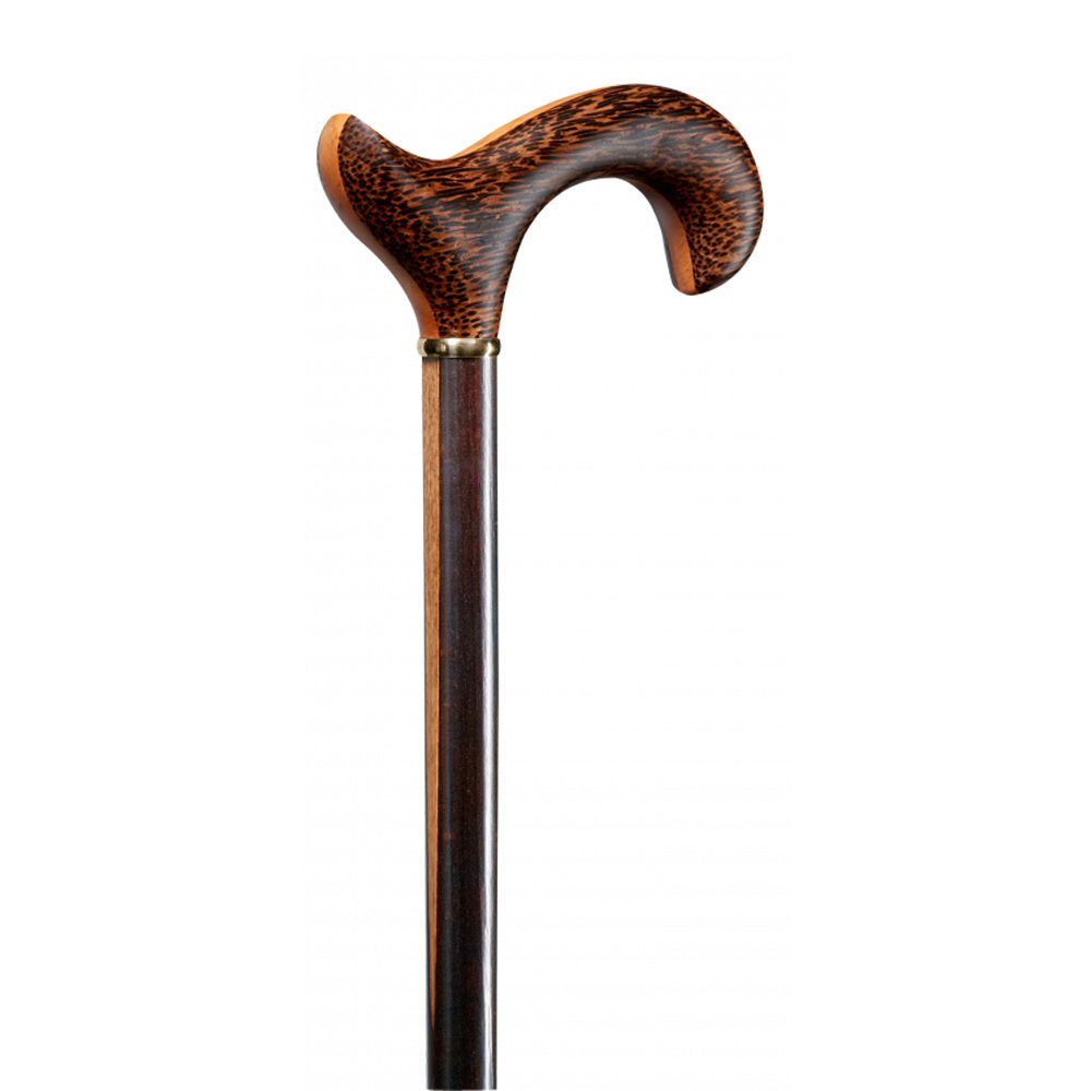 Gehstock mit ergonomischem Griff aus Holz. Dunkelbraune Farbe, goldfarbener Ring am Übergang zum Schaft.
