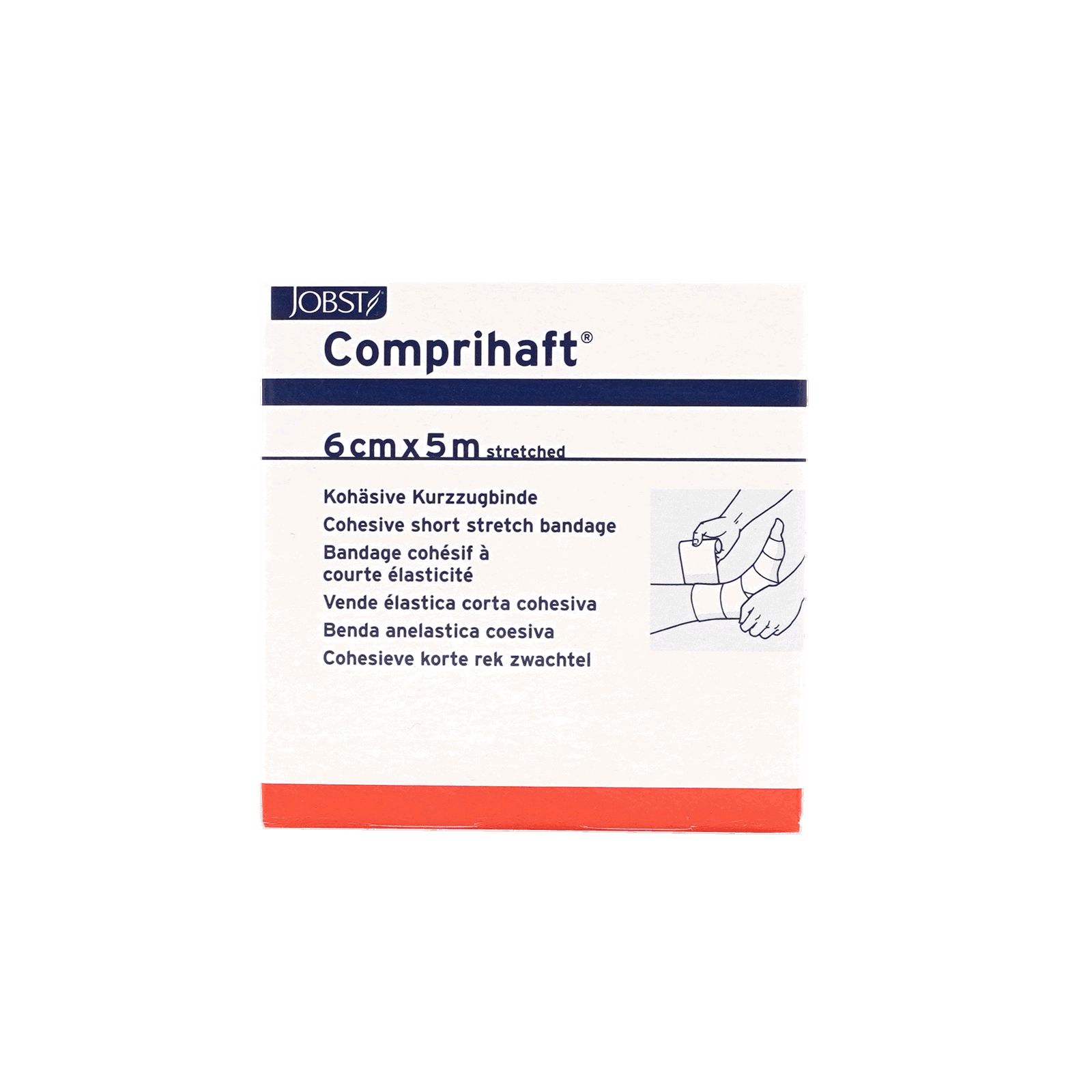 Quadratische Verpackung mit Produktnamen und Größenangabe. Text in mehreren Sprachen. Illustration einer Bandagierung.