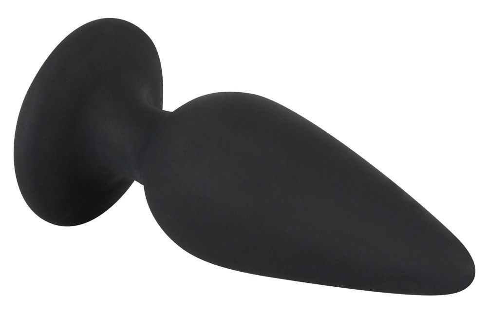 Schwarzer Analplug mit Standfuß. Kegelförmiger Aufsatz, runder Fuß. Perspektivische Ansicht.