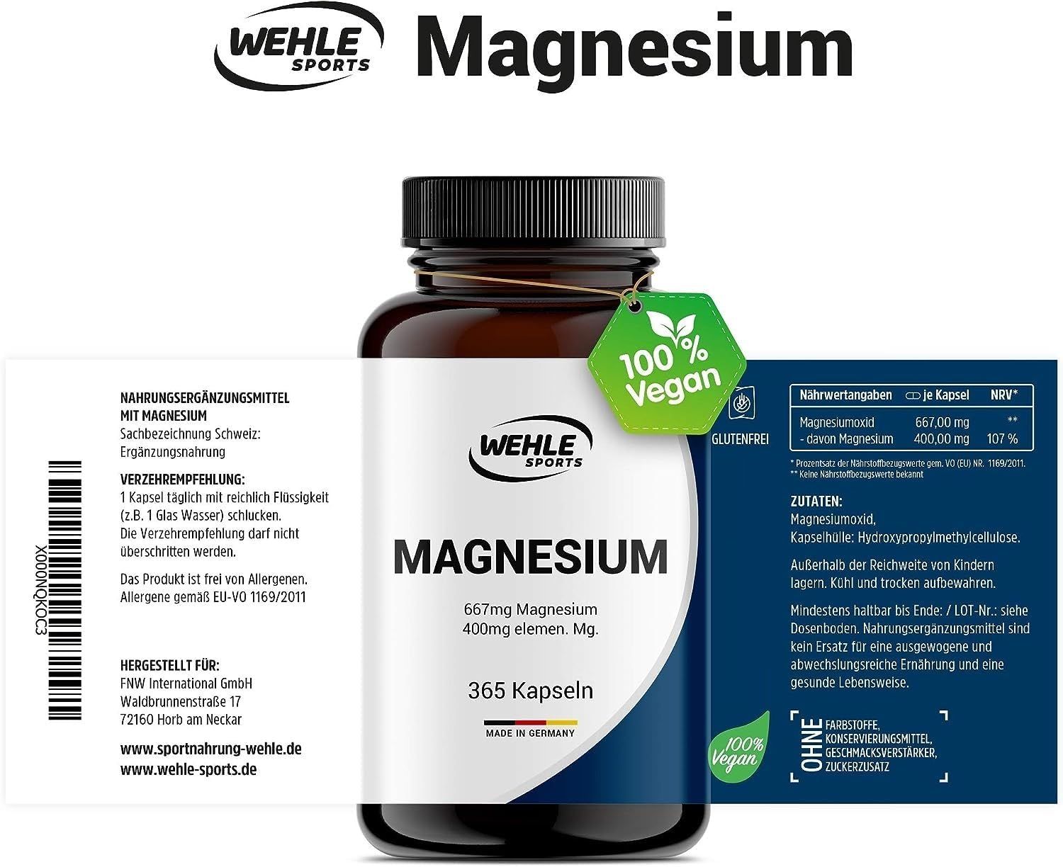 Magnesium Kapseln - 365 Stück (1 Jahr) 664mg je Kapsel, 400mg Elementares Wehle Sports St