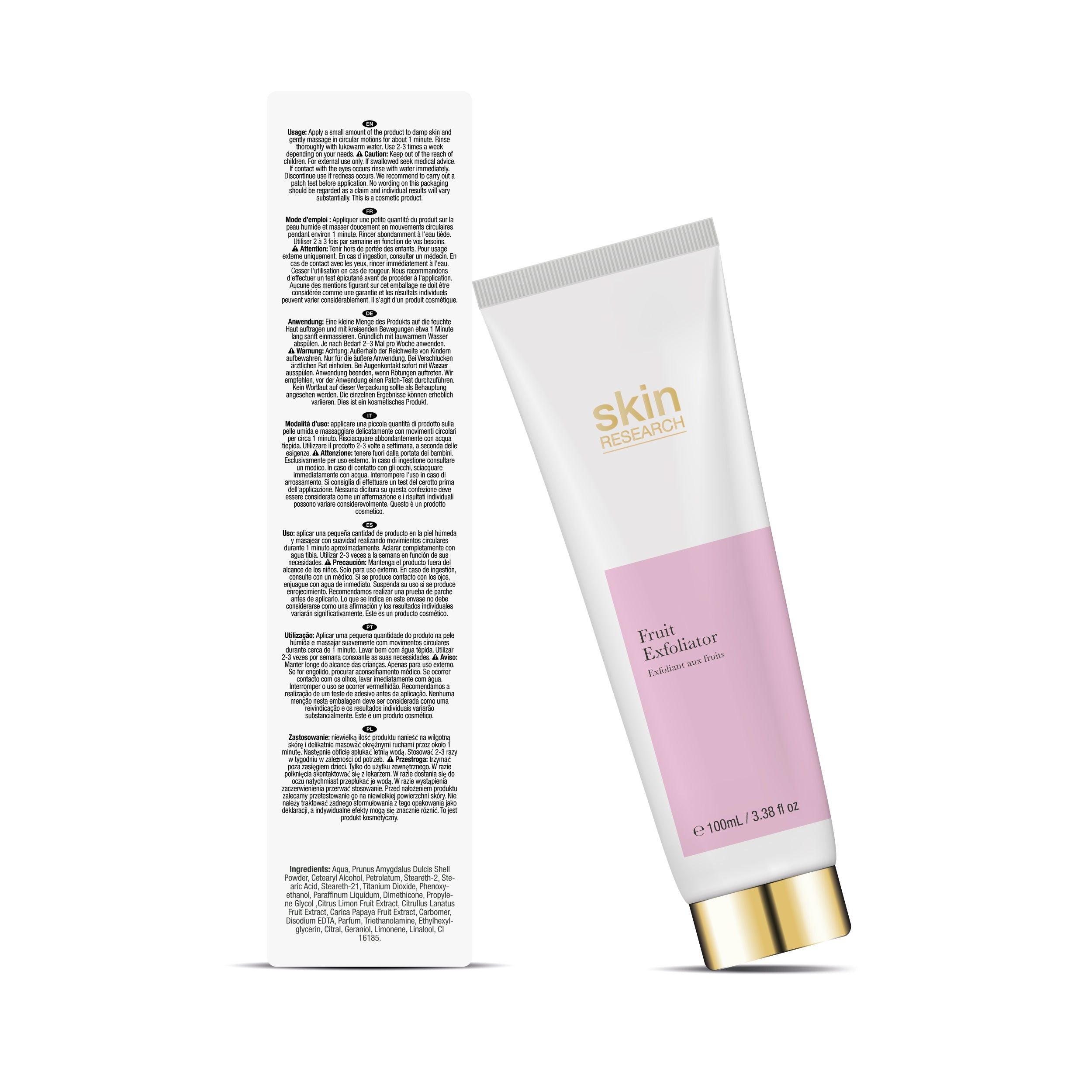 Weiße Tube mit rosa Etikett und goldfarbenem Verschluss, neben einer länglichen Verpackung. Text in mehreren Sprachen auf der Verpackung.
