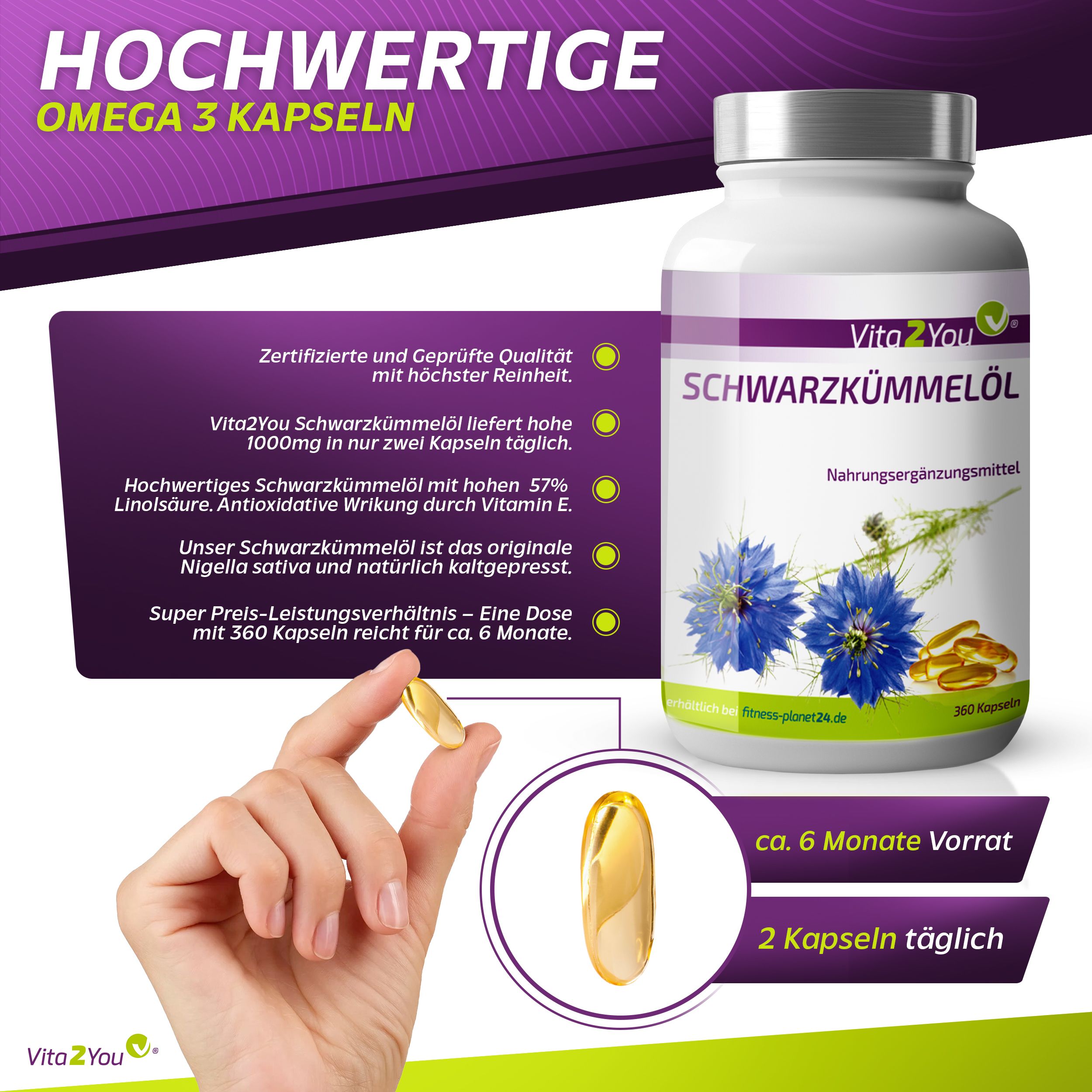 Flasche mit Schwarzkümmelöl Kapseln. Hand hält Kapsel. Text: Hochwertige Omega 3 Kapseln. 360 Kapseln.