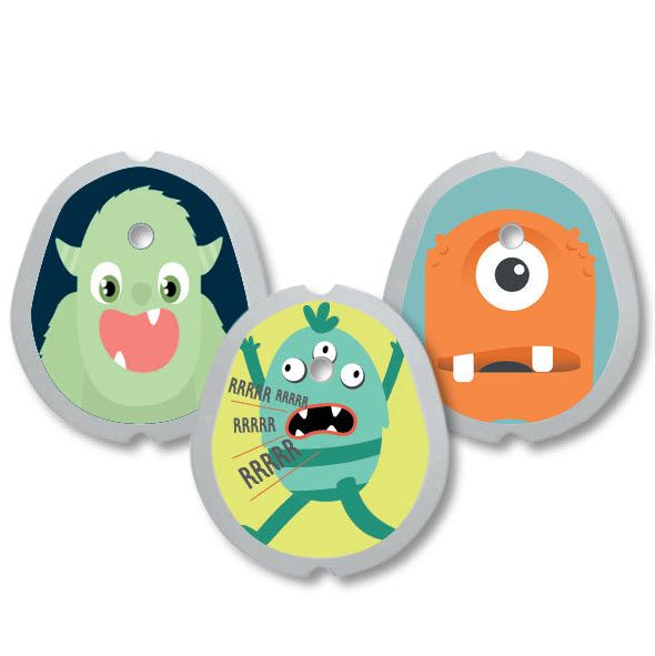Drei runde Aufkleber mit Monster-Motiven. Grün, blau und orangefarbene Monster mit unterschiedlichen Gesichtern und Ausdrücken. Grauer Rand.