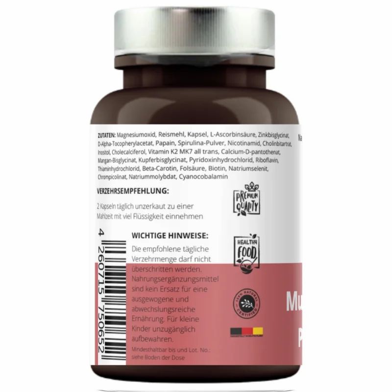Rückseite der braunen Flasche. Enthält Inhaltsstoffe, Verzehrempfehlung und Warnhinweise. Marke: Vitamin Fuchs.