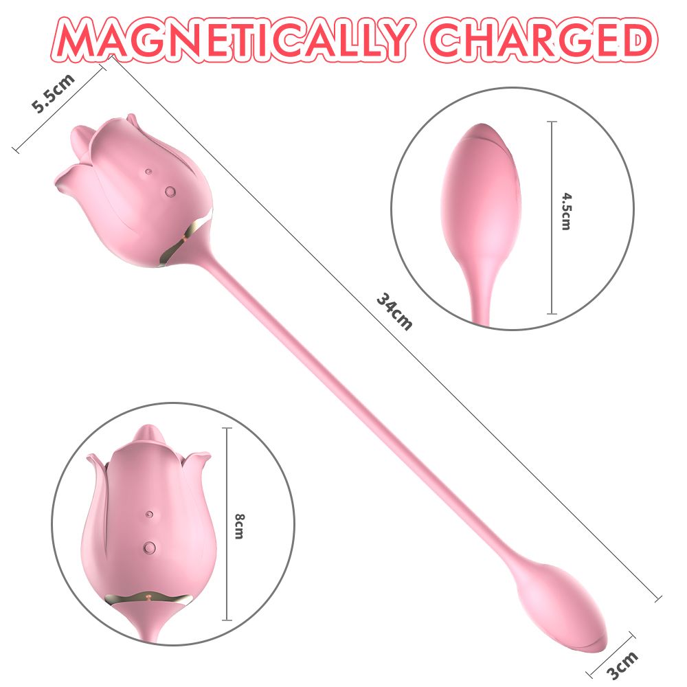 Rosa Vibrator in Rosenform mit Maßangaben. Gesamtlänge 34cm, Kopf 8cm, Zunge 4,5cm.