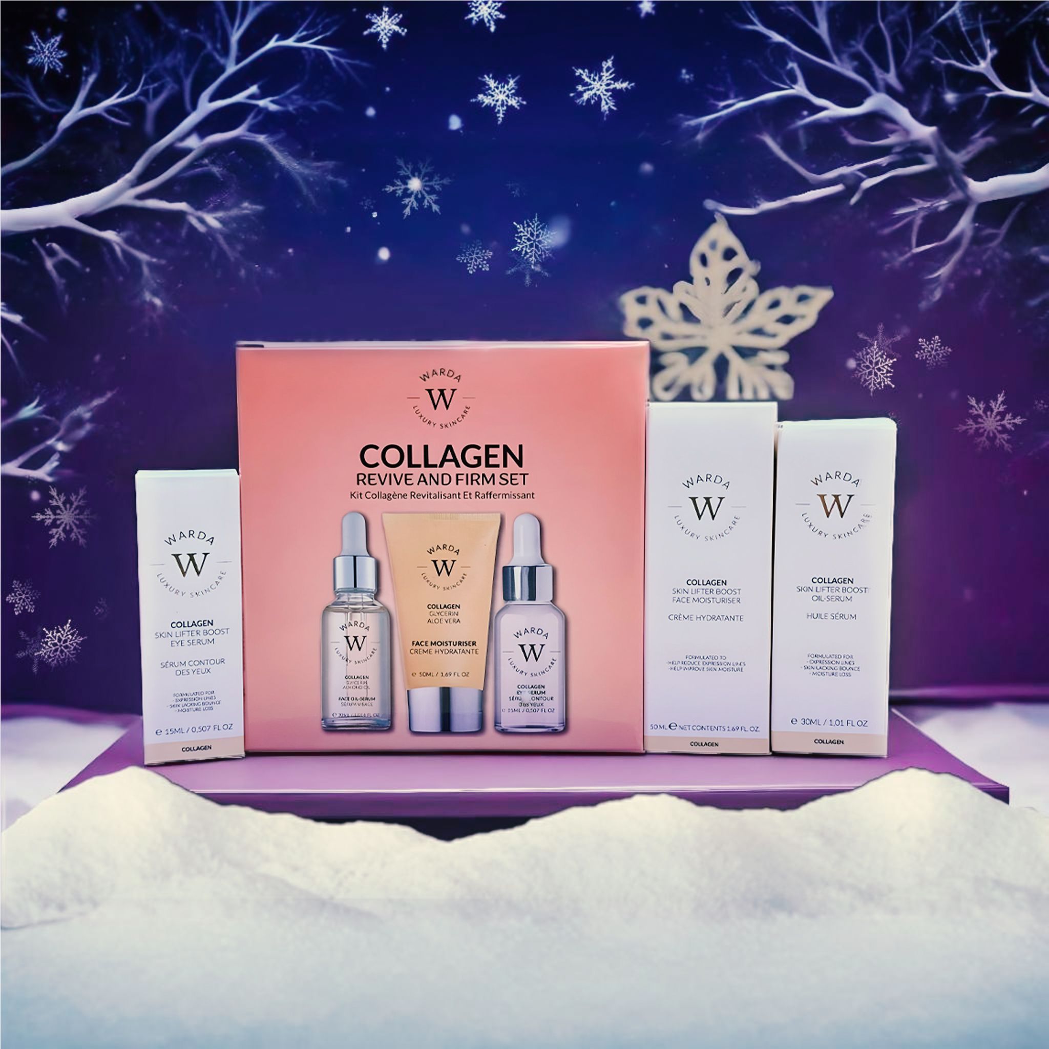 Warda COLLAGENSKIN LIFTER SERUM Set. Set mit Box, Serumflaschen und Creme. Winterliches Design mit Schneeflocken.