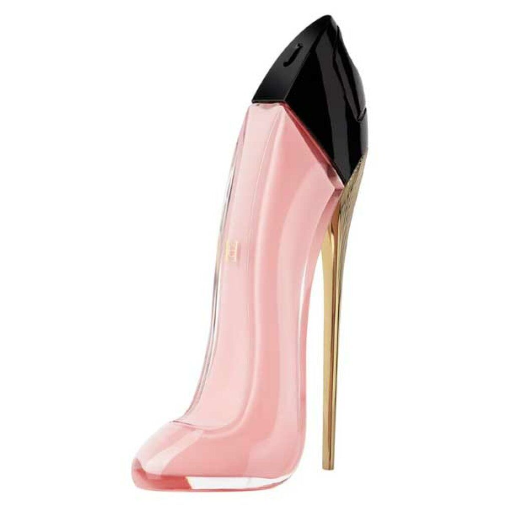 Carolina Herrera Good Girl Blush Damenparfum in rosa Pumps-Flasche mit schwarzem Verschluss und goldenem Absatz.