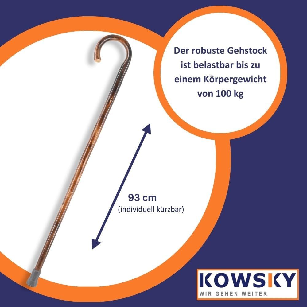 Kowsky Holzhandstock 100 kg – Kastanie braun – Rundhakengriff – stabiler Wanderstock
