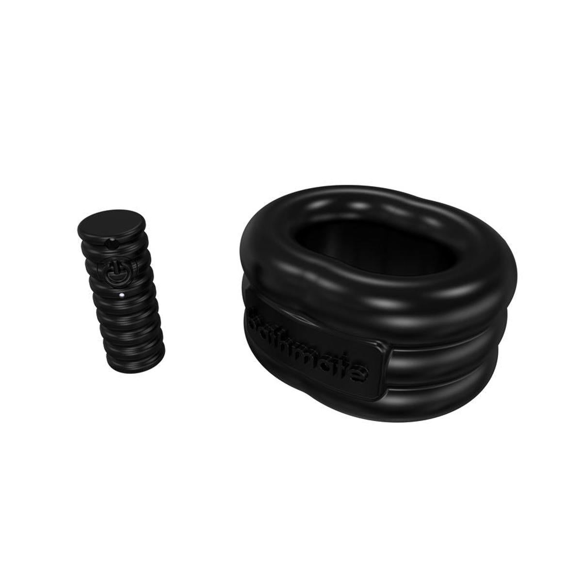 Schwarzer Ring und Zylinder. Ring mit 'Bathmate'-Schriftzug. Zylinder mit Rillen.