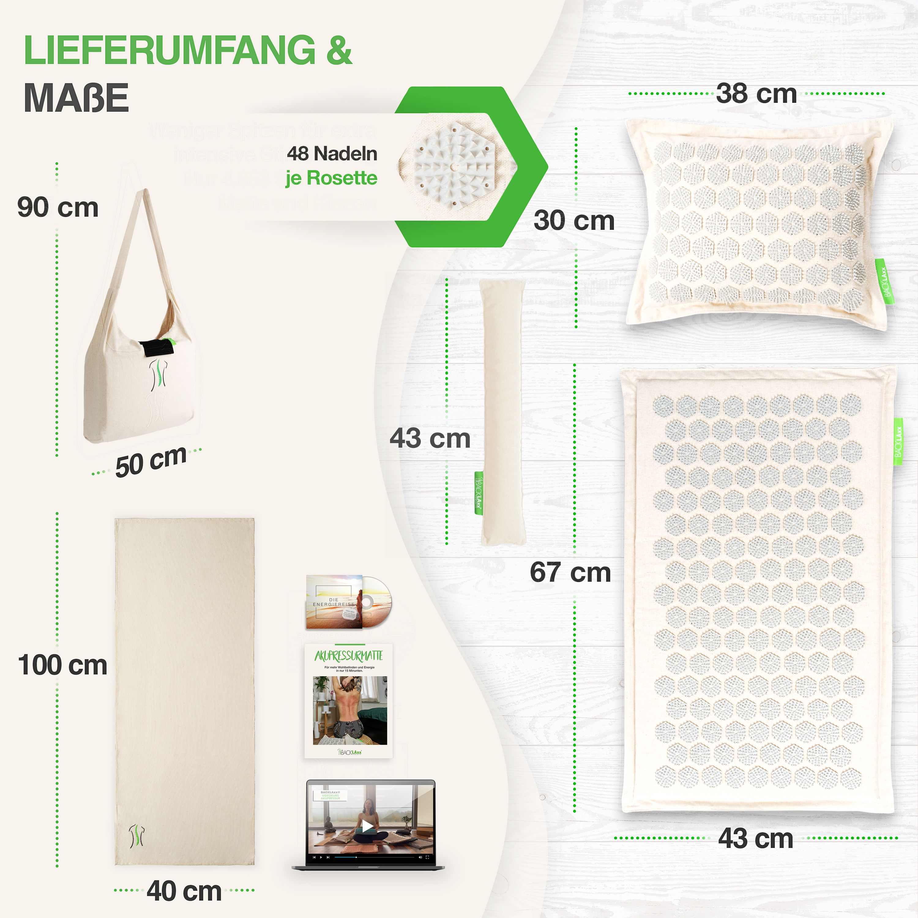 Akupressurmatte, Kissen, Tasche, Rolle, Buch, Laptop. Maße: Matte 100x40cm, Kissen 30x38cm, Tasche 90x50cm. 48 Nadeln pro Rosette.
