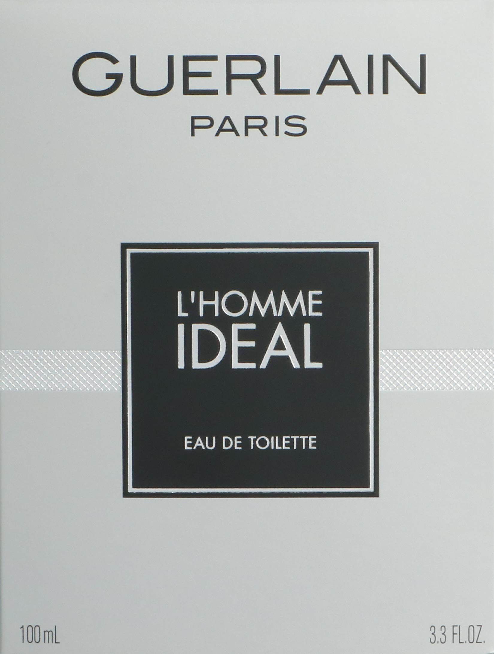 Silberne Verpackung mit Guerlain-Logo und Produktnamen L'Homme Ideal. Unter dem Namen steht Eau de Toilette.
