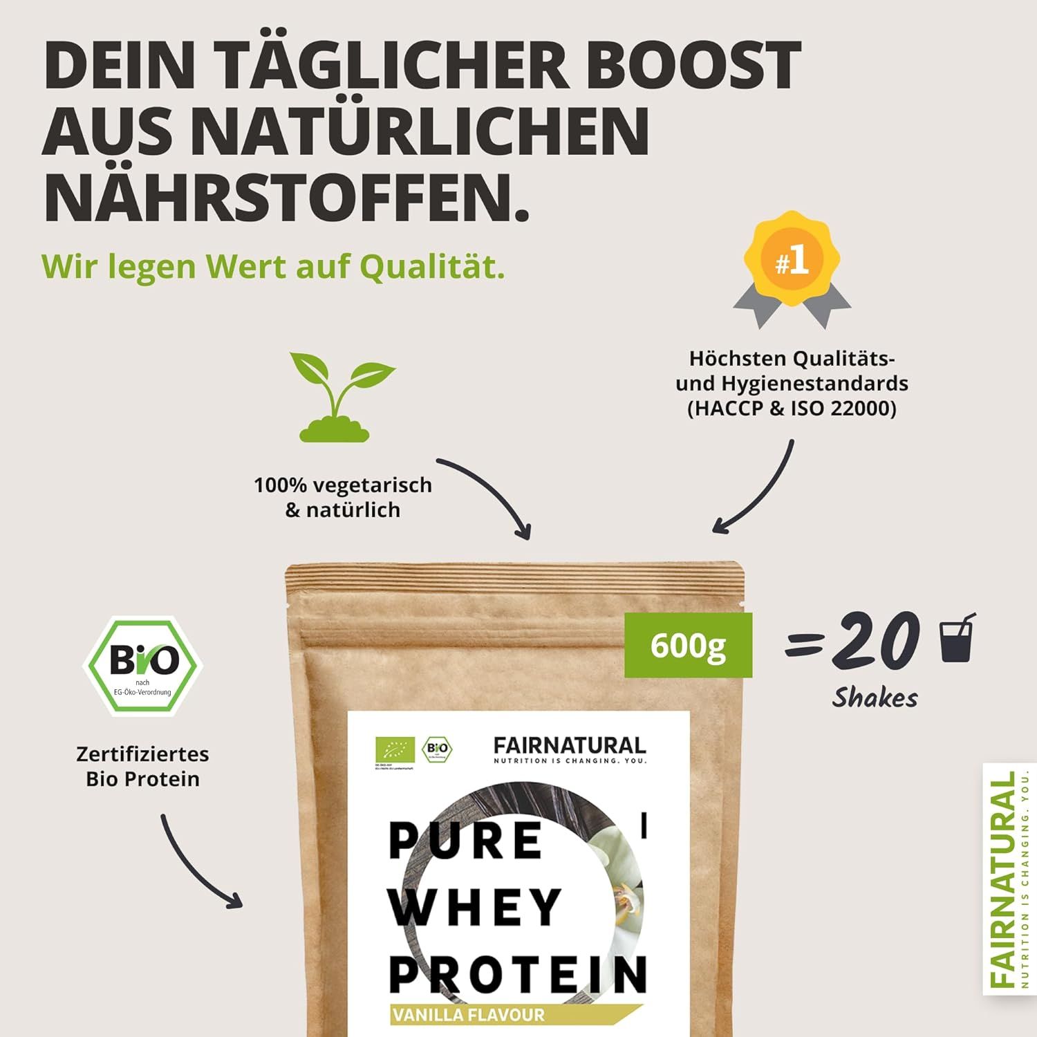 Verpackung von FAIRNATURAL Bio Whey Protein-Pulver. Text: 100% vegetarisch & natürlich, 600g, 20 Shakes.