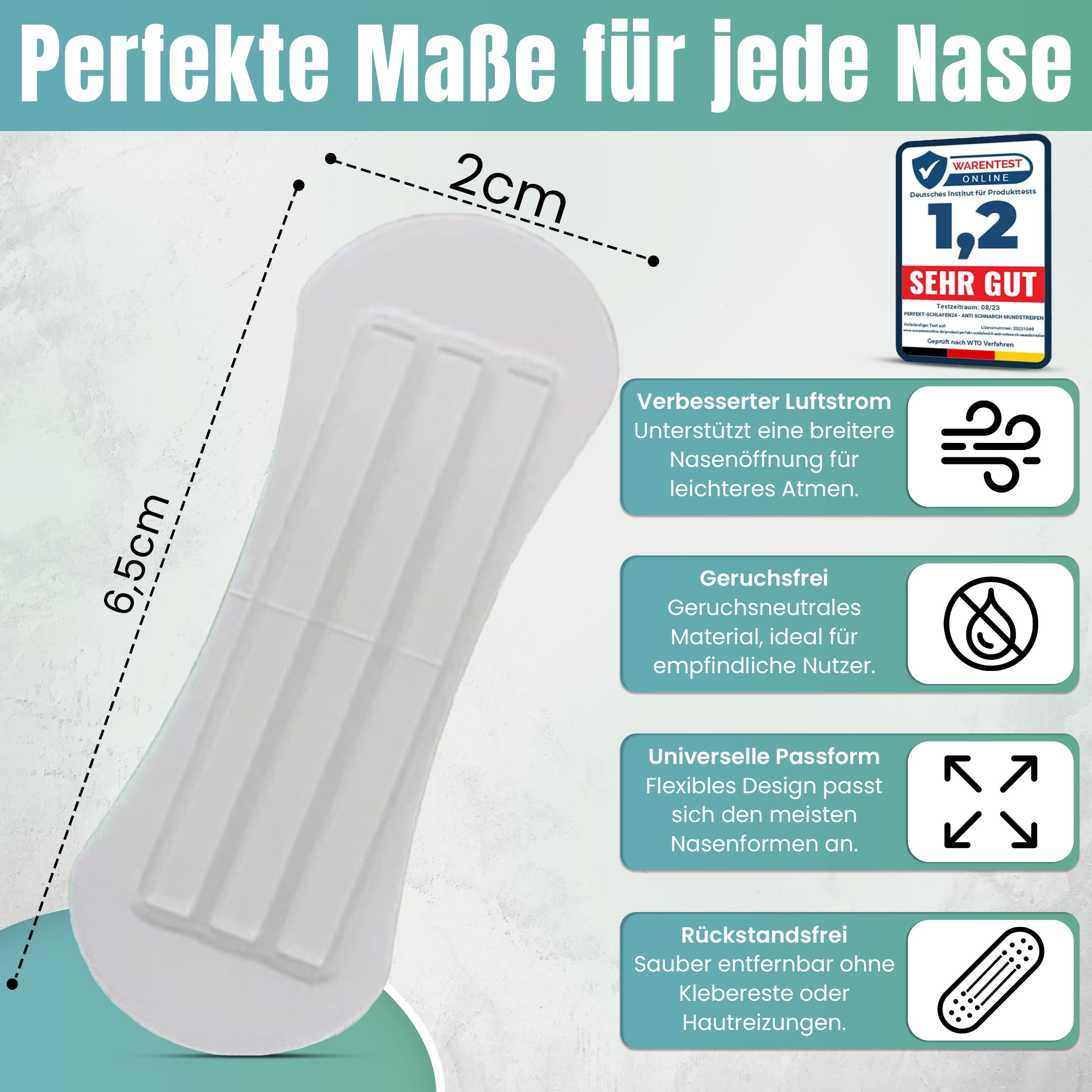 Nasenpflaster, 6,5 x 2 cm. Unterstützt breitere Nasenöffnung. Geruchsfreies Material. Flexible Form. Rückstandsfrei entfernbar. Mit WarenTest-Siegel.