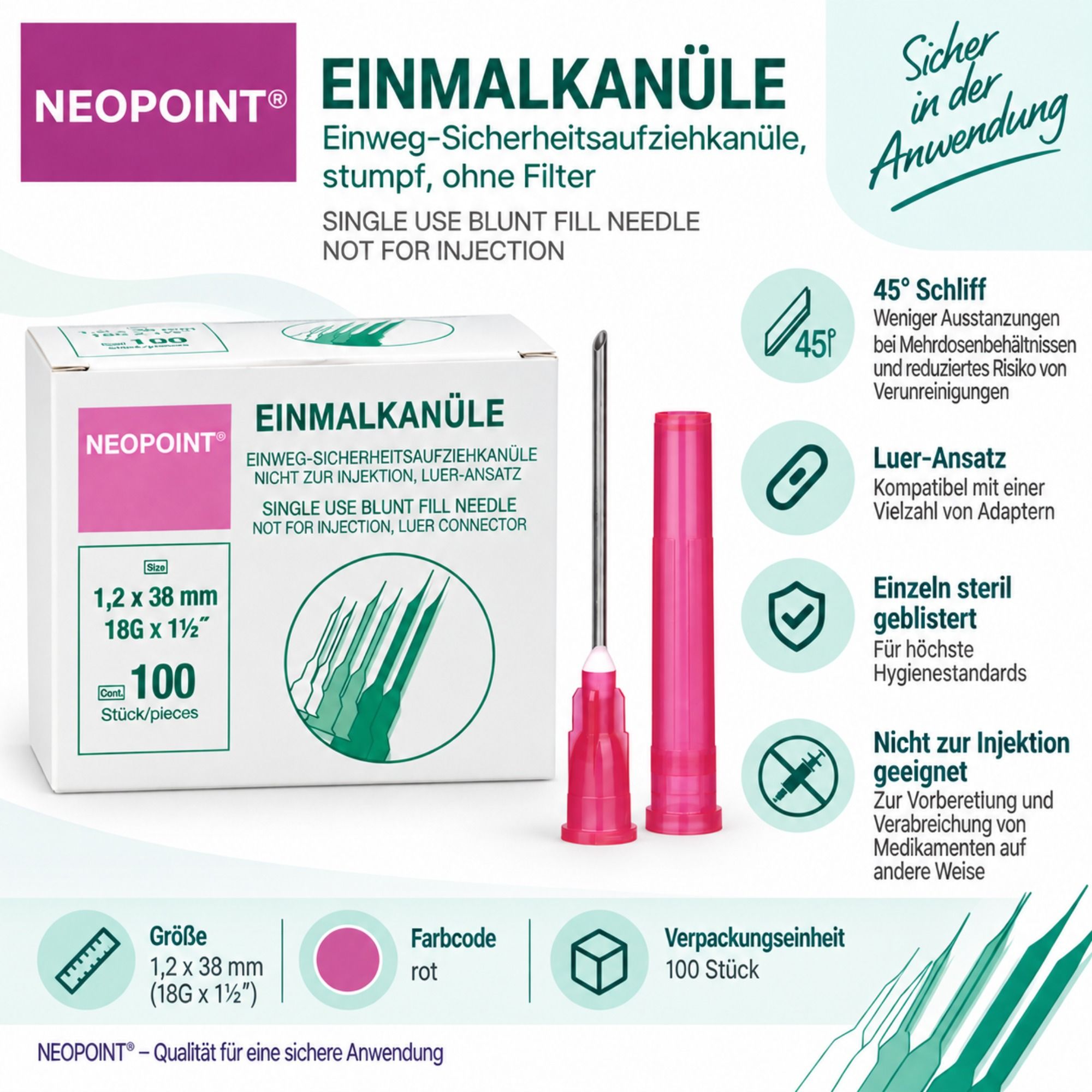 Neopoint Einweg-Sicherheitsaufziehkanüle 18G 1,2 x 38 mm ohne Filter