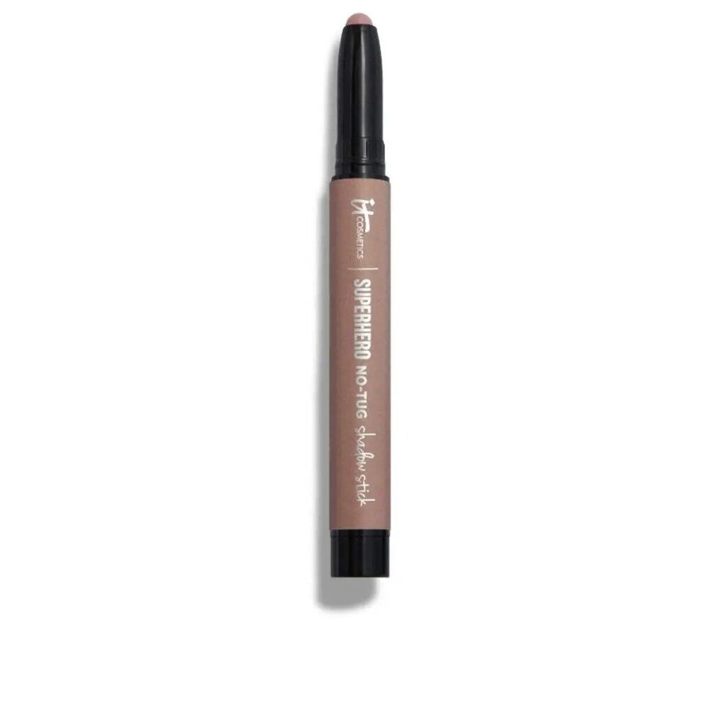 Stift-Lidschatten. Beige-braune Hülse, schwarzer Deckel. Aufschrift: Superhero No-Tug Shadow Stick.