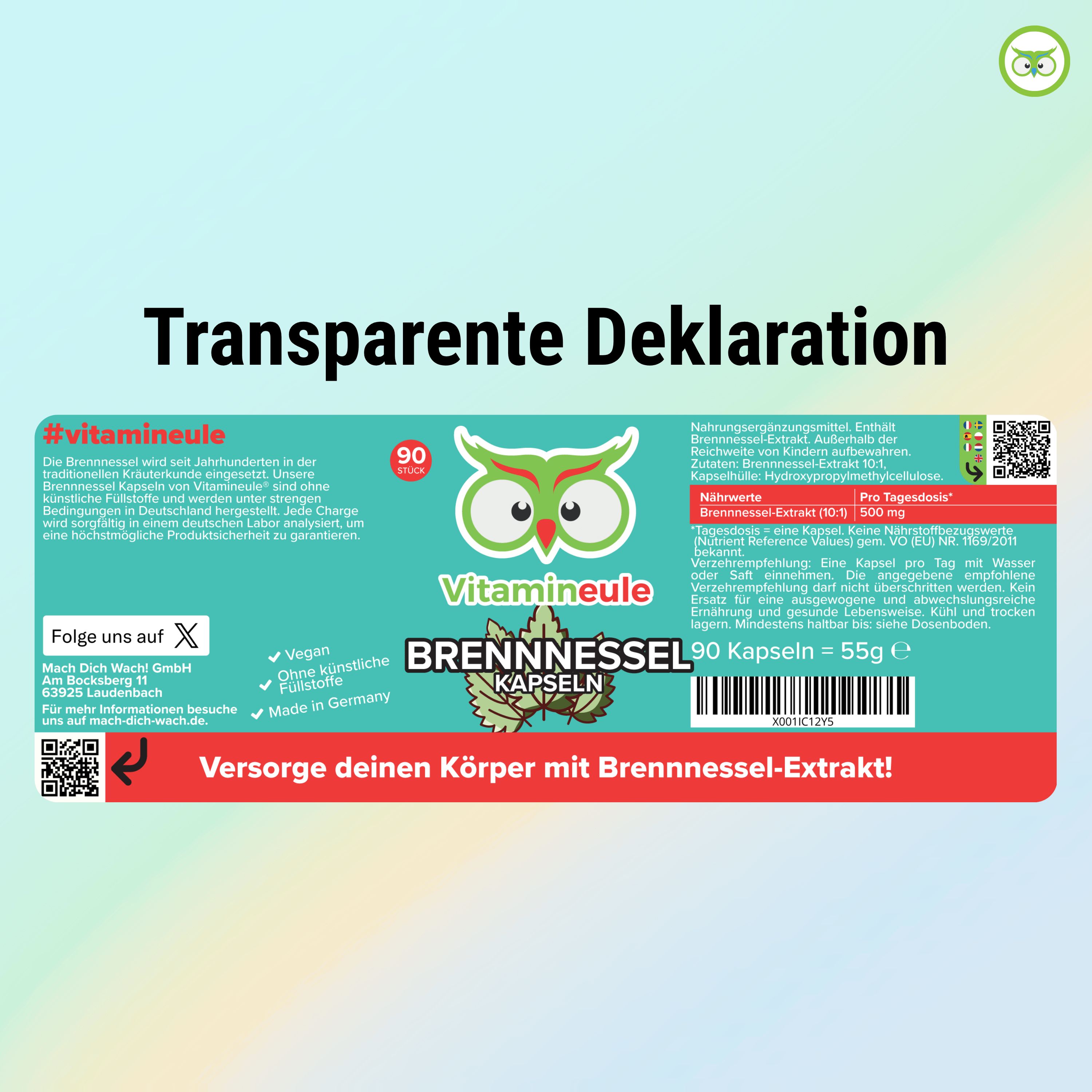 Etikett mit Informationen zu Brennnessel Kapseln. Marke: Vitamineule. 90 Kapseln. Inhaltsstoffe, Nährwerte, Anwendungshinweise.